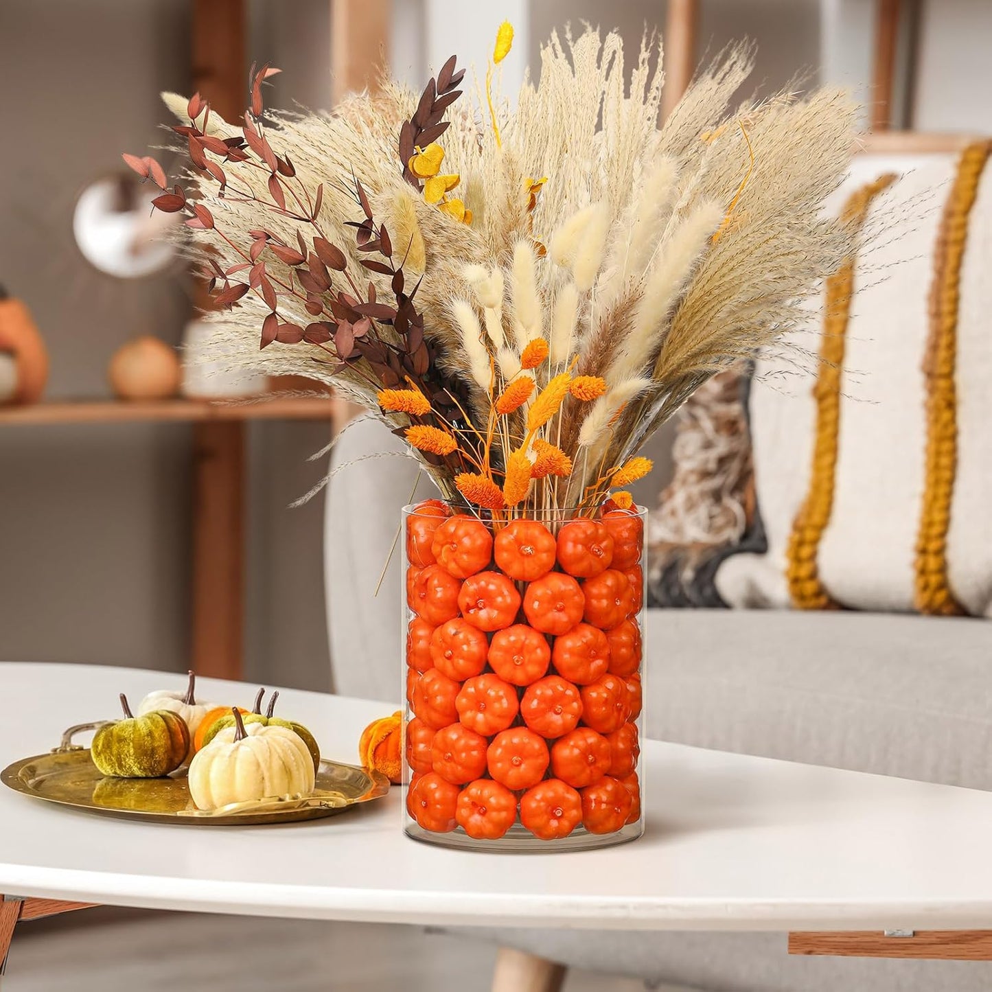 Fall Decor for Home Fall Vase with Boho Flowers Mini Pumpkin Vase Filler Set Rustic Thanksgiving Farmhouse Autumn Decorations Pampas Grass Dried Flower Pumpkin Centerpieces for Tables
