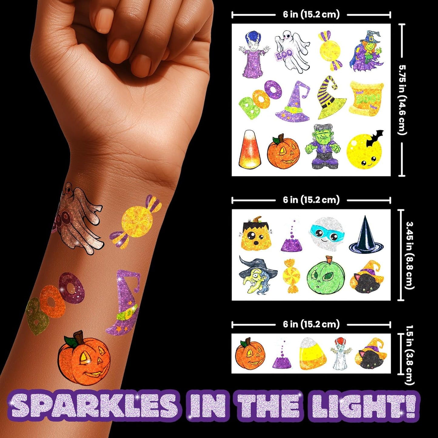 Assorted Glitter Halloween Tattoos – Sparkly Temporary Tattoos for Kids, Includes Pumpkins, Ghosts, Bats & More, Non-Toxic Party Favors & Trick-or-Treat Handouts