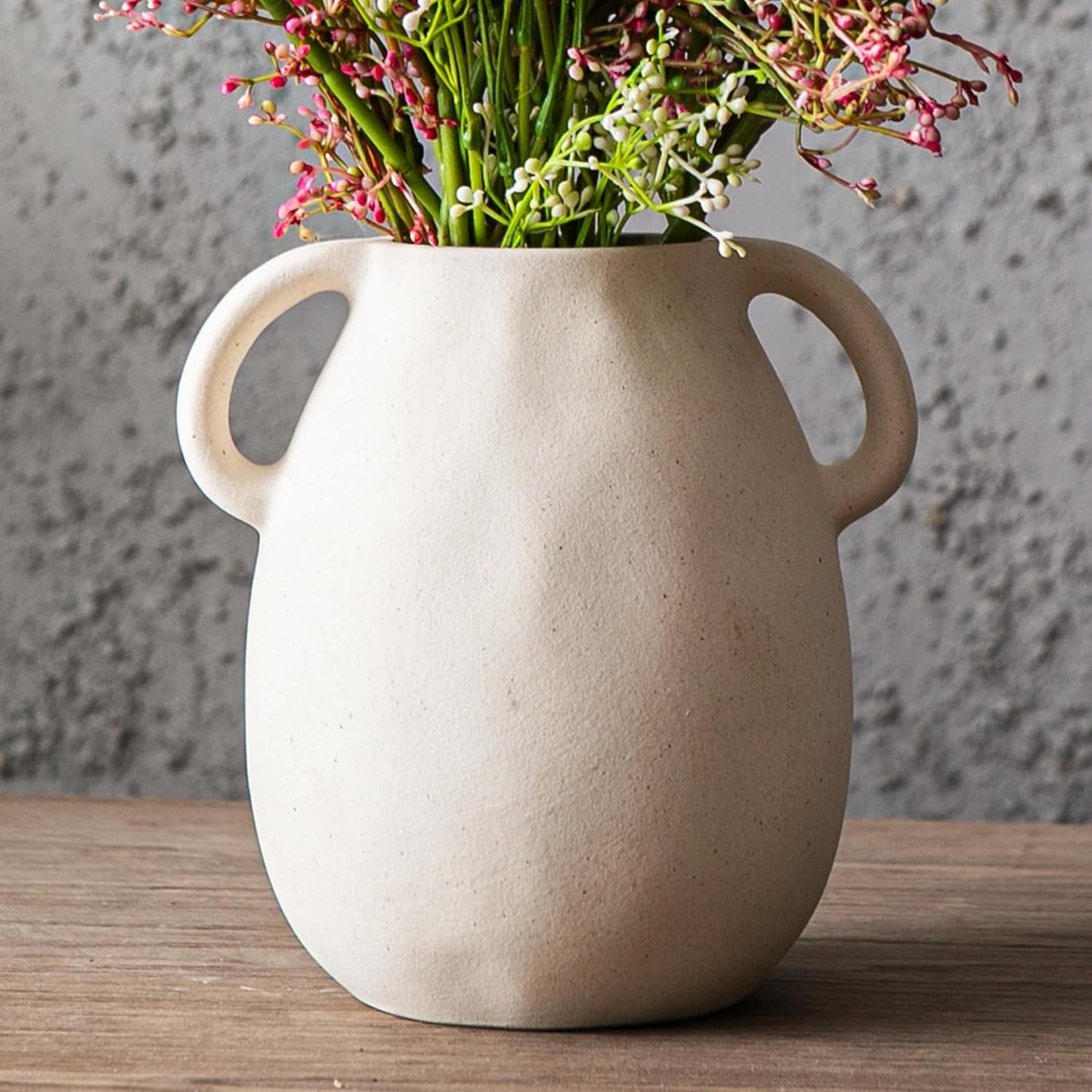 Kimdio White Ceramic Vase with 2 Handles – Sand-Glazed Clay Pottery Vase for Dried Flowers, Rustic Modern Table Decor, Farmhouse Boho Shelf Decoration
