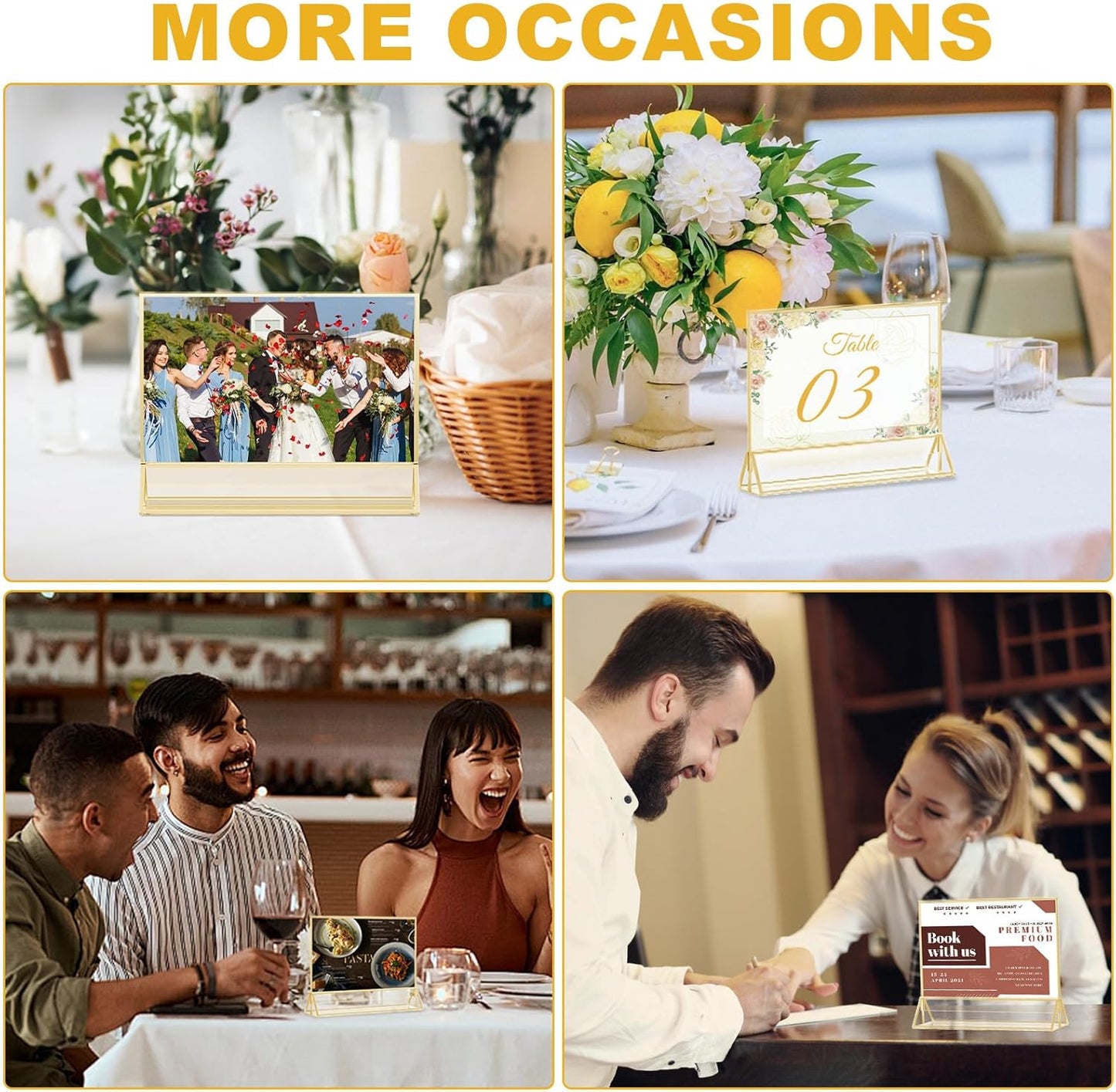 EHWINE 6 Pack Acrylic Sign Holder 5 x 7 Horizontal, Double-Sided Stand up Table Top Sign Holders, Gold Acrylic Picture Frame Menu Flyer Paper Holder Display Stand for Office Business Store Wedding Party