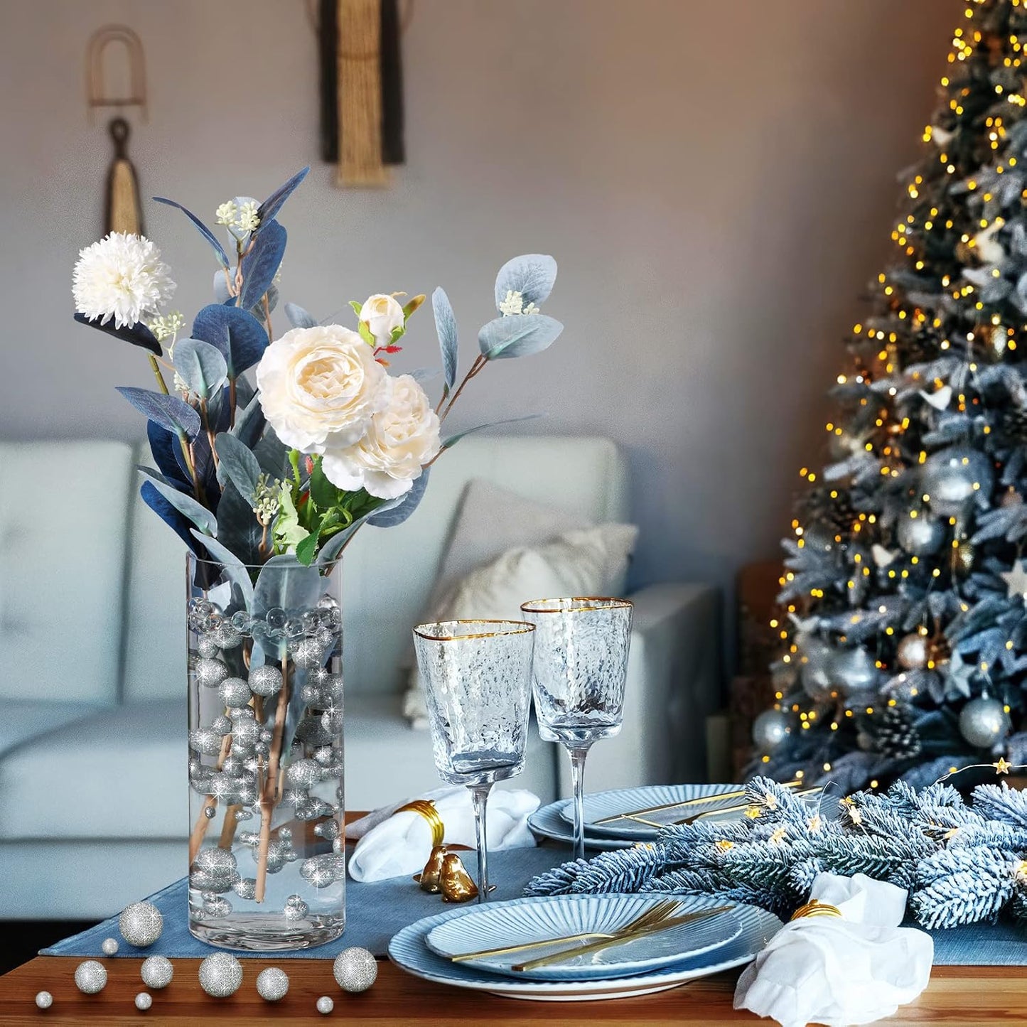 150 Pieces Vase Filler Faux Pearls Vase Makeup Beads No Hole Gloss Bead Mixed Sizes Round Pearl for Home Party Wedding Decor, 8/14/20 mm(Glitter Silver)