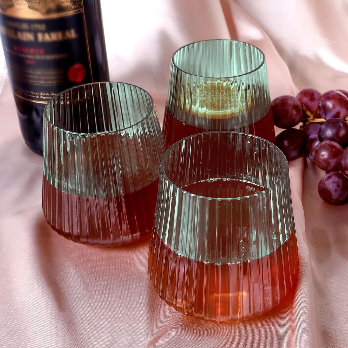 40 Pack Plastic Ribbed Wine Glasses, 14Oz Origami Disposable Wine Glasses Unbreakable Clear Plastic Cocktail Glasses Recyclable Shatterproof Reusable Wine Cups (14oz-green-40pack)