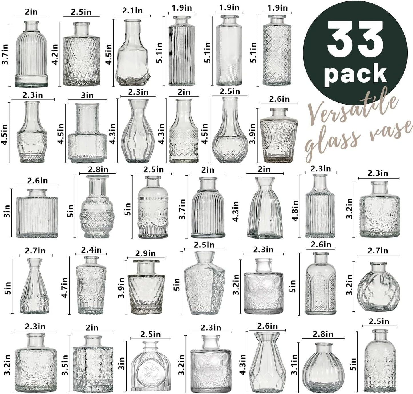 Glass Bud Vase Set of 33 Pcs Small Minimalist Vases for Flowers, Vintage Rustic Home Decor for Table Centerpiece Wedding Party, Modern Clear Aromatherapy Bottle for Living Room Bedroom