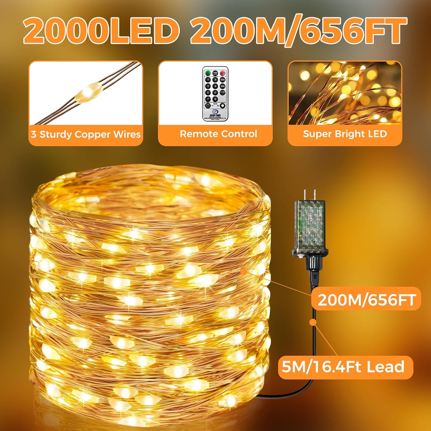 btfarm Fairy Lights Plug in with Remote, 660FT 2000 LED Outdoor Twinkle Lights Waterproof with Timer, 8 Modes Indoor String Lights for Bedroom Patio Garden Wedding Christmas Decoration, Warm White