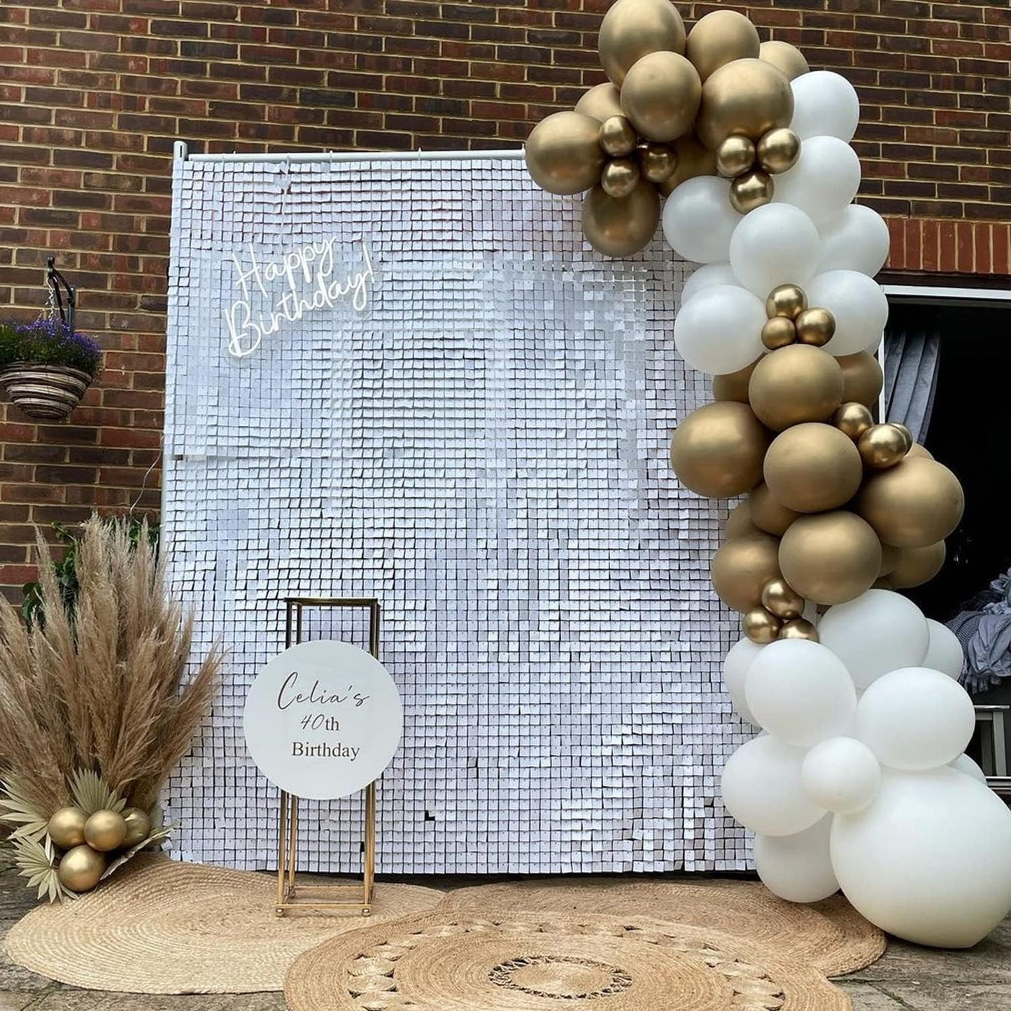 Qcity Matte White Sequin Wall Backdrop 36PCS, Black Back Not See-Through Design, Square Sequin Glitter Backdrop Panel, Perfect for Outdoor Events, Birthdays, Wedding and Party Decoration