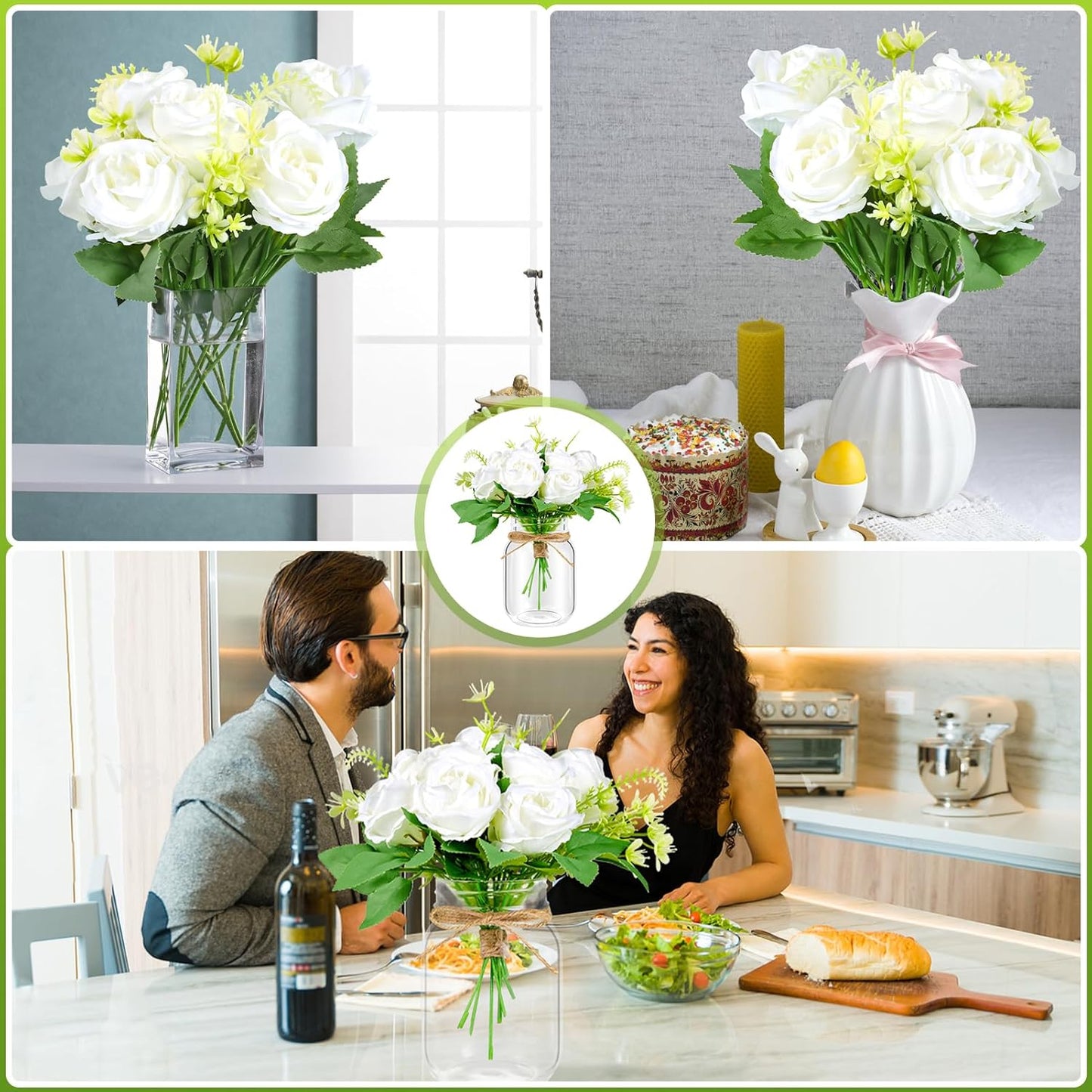 6 Set Centerpiece Table Decorations Mason Jar Table Centerpiece with Flower Mason Jar Wedding Centerpieces Vases Decor for Reception Engagement Party Bridal Shower (White Rose)