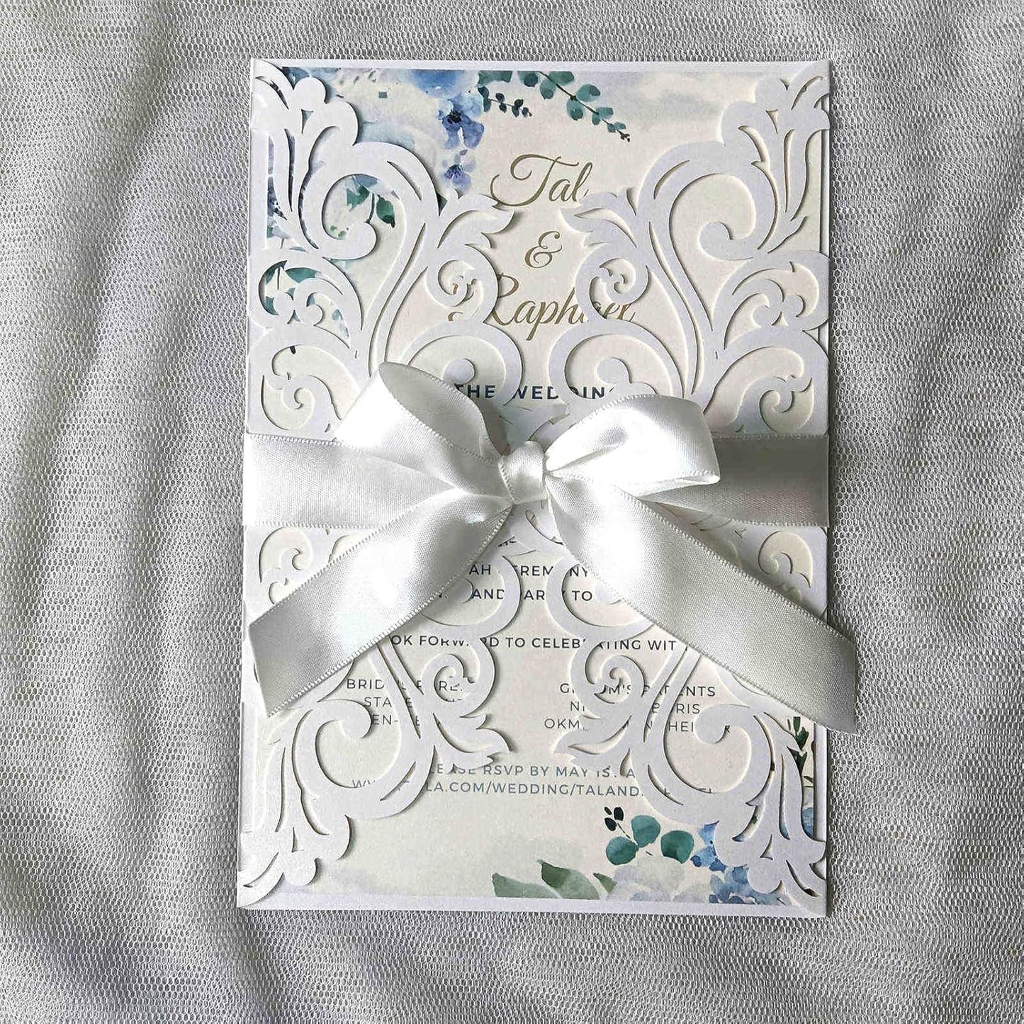 25PCS Pearl White Laser Cut Wedding Invitations Cards with Envelopes,Blank Inner Sheets,Ribbons for Wedding Bridal Shower Quinceañera Engagement Birthday Invites (B001)