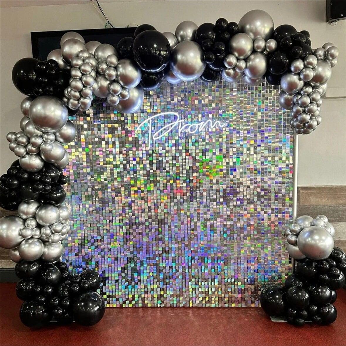Qcity Iridescent Silver Shimmer Wall Backdrop 36PCS, Black Back Not See-Through Design, Square Sequin Glitter Backdrop Panel, Perfect for Outdoor Events, Birthdays, Wedding and Party Decoration