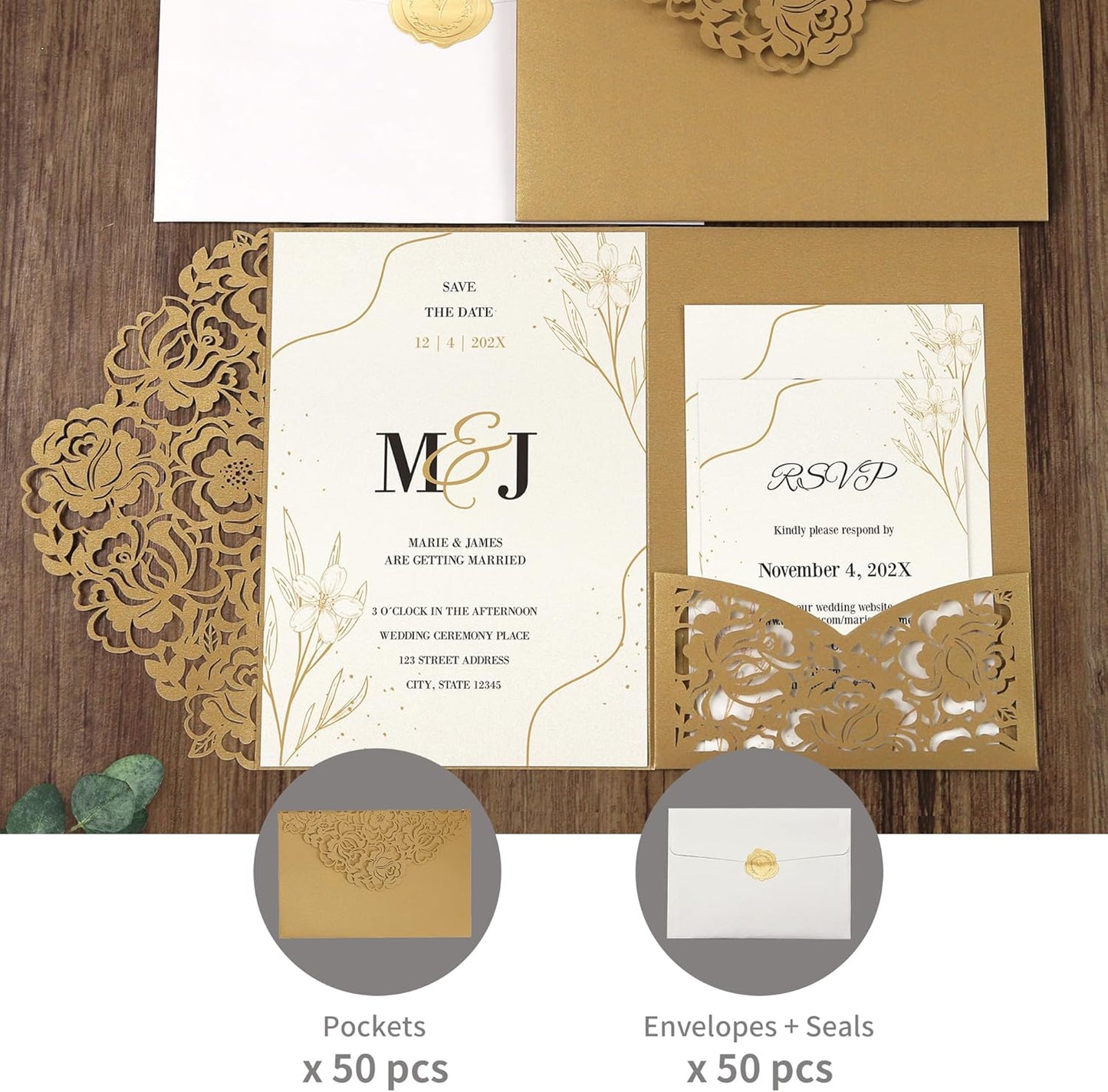DORIS HOME 50pcs Laser Cut Wedding Invitation Pockets with Envelopes Gold, 5.12" x 7.12"Invitation Cards for Wedding, Anniversary (No Inserts Included)