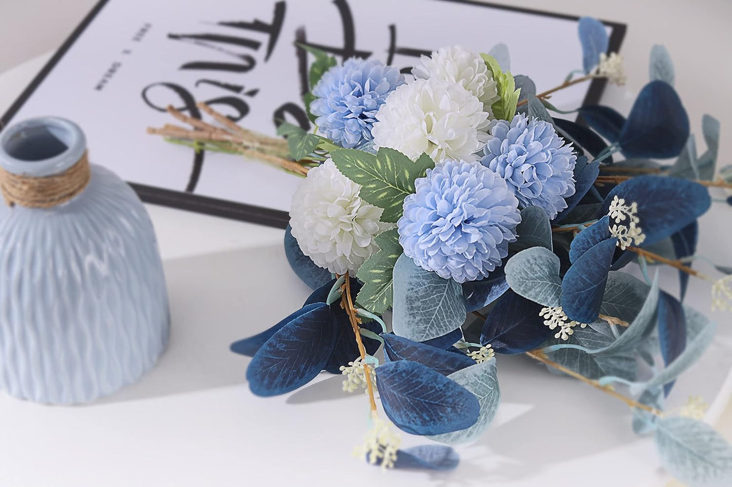 Artificial Flowers with vases, Fake Hydrangea with Eucalyptus Bouquet Combination, Living Room Family Banquet Party Wedding Decoration…