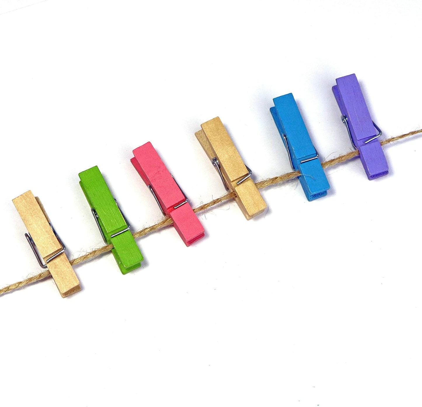 Mini Wooden Clothespins With Jute Twine, 100pcs, 1.4 Inch Photo Paper Peg Pin Craft Clips With 320ft Twine for Scrapbooking, Arts & Crafts, Hanging Photos (Natural Color)