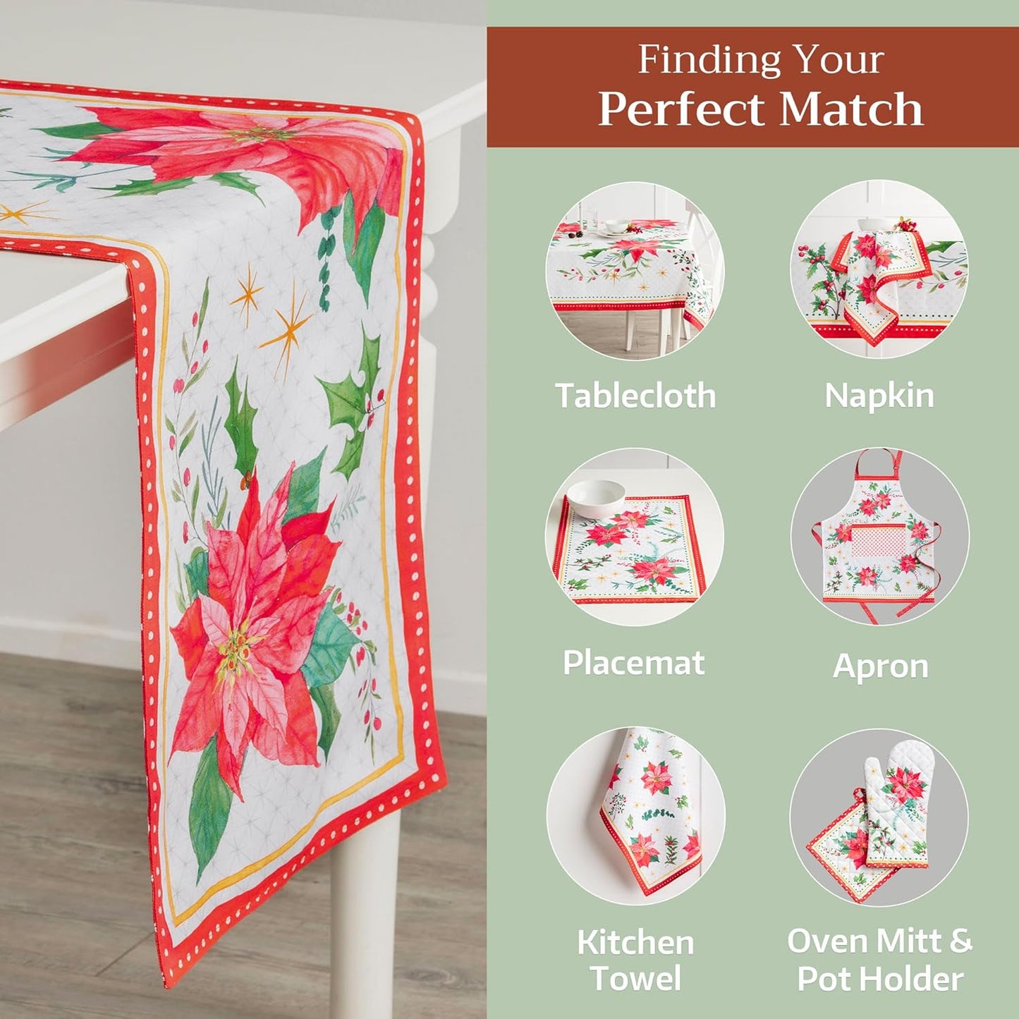 Maison d' Hermine Table Runner 100% Cotton Single Layer Table Runners 72 inches Long for Thanksgiving Christmas Decorations Home Kitchen Dining Party Wedding (Poinsettia Christmas, 14.5" x 72")
