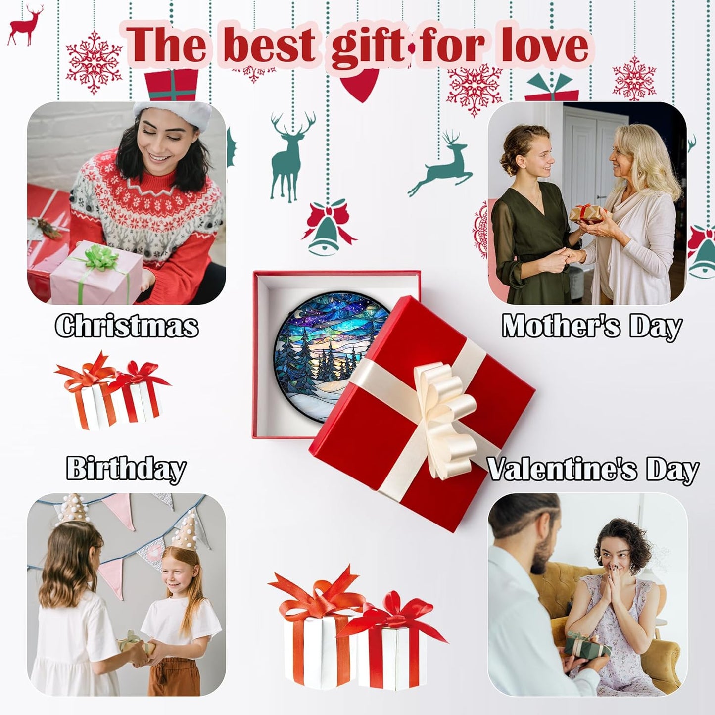 Stained Glass Window Hanging, Starry Sky Trees and Snow Sun Catchers Glass Panel Blue Suncatcher Decor for Birthday for Women, Men, Wife, Aunt, and Mom 11.8x11.8 in