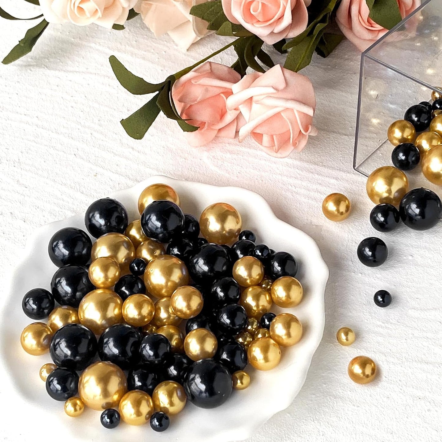 150Pcs Black&Gold Polished No Hole Faux Pearl Beads for Vase Filling Decorations, Plastic Pearls Vase Fillers, Table Scatters, Wedding Centerpiece, Home Decor, 8/14/20 mm