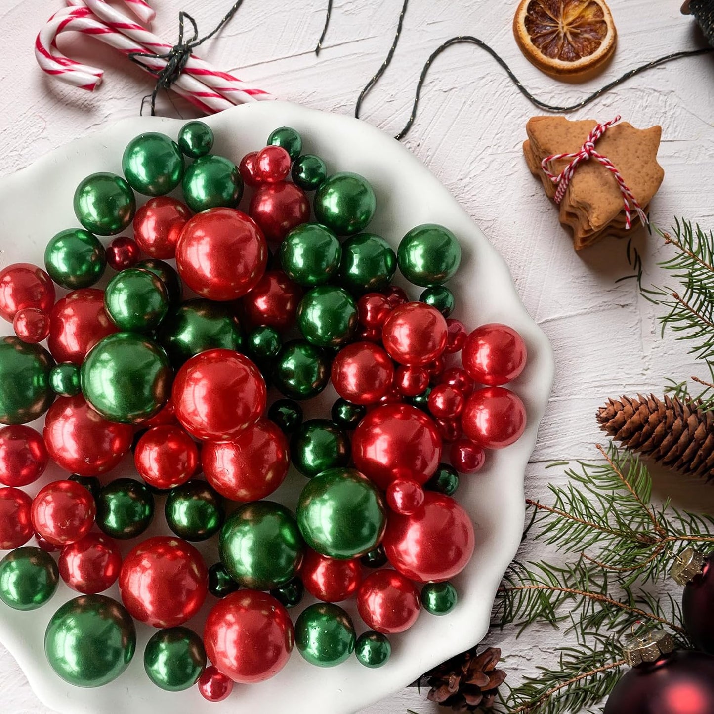 120 PCS 8/14/20mm No Hole Polish Pearl Beads for Centerpiece, Red&Green Beads Decorative Vase Fillers, Plastics Pearls for Vases, Table Scatters, Wedding Party Decor