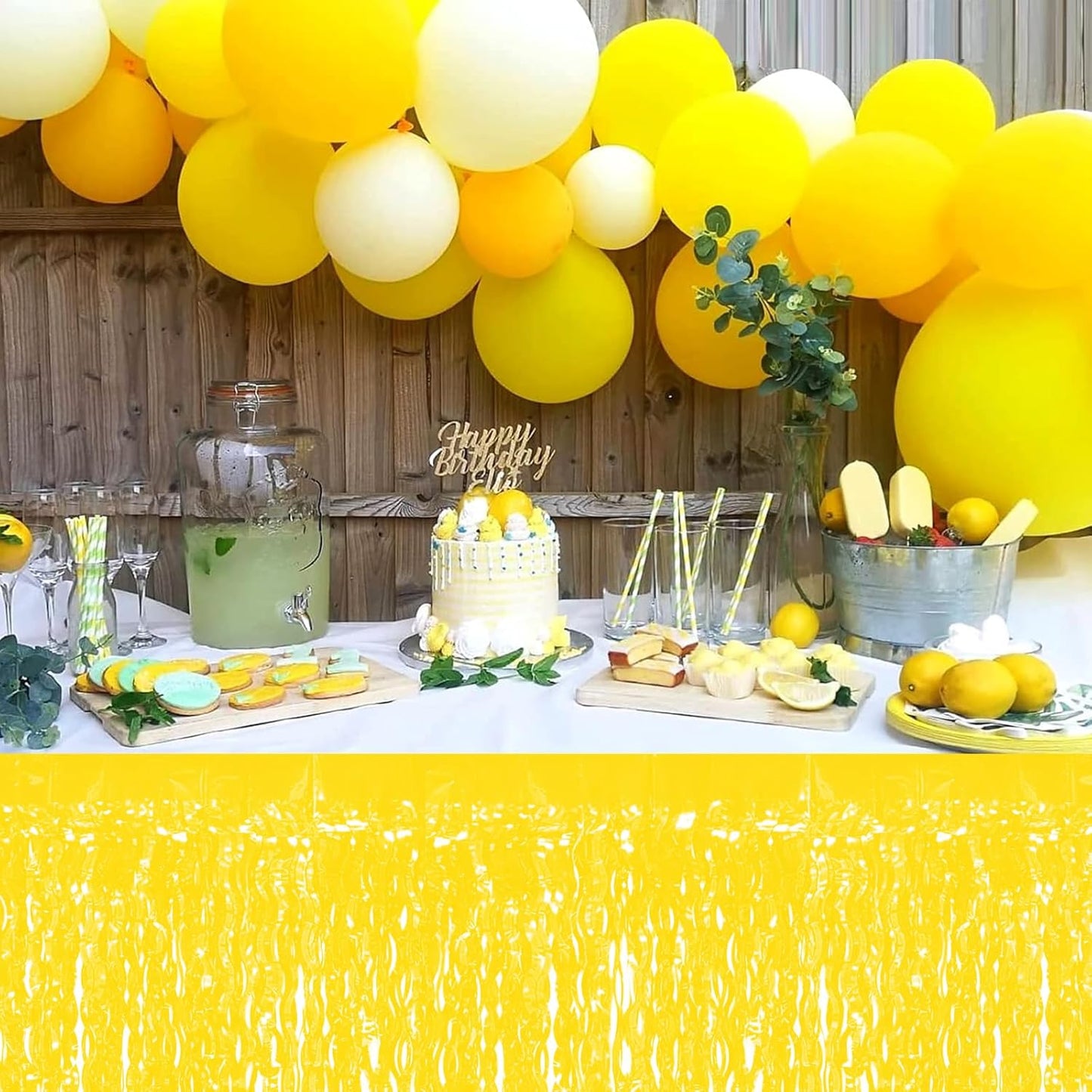 4P Wavy Metallic Tinsel Foil Fringe Table Skirts for Rectangle Tables Backdrop Garland Curtains for Parade Floats Wedding Birthday Parties Decoration Graduation 2025 Christmas (Makaron Yellow)