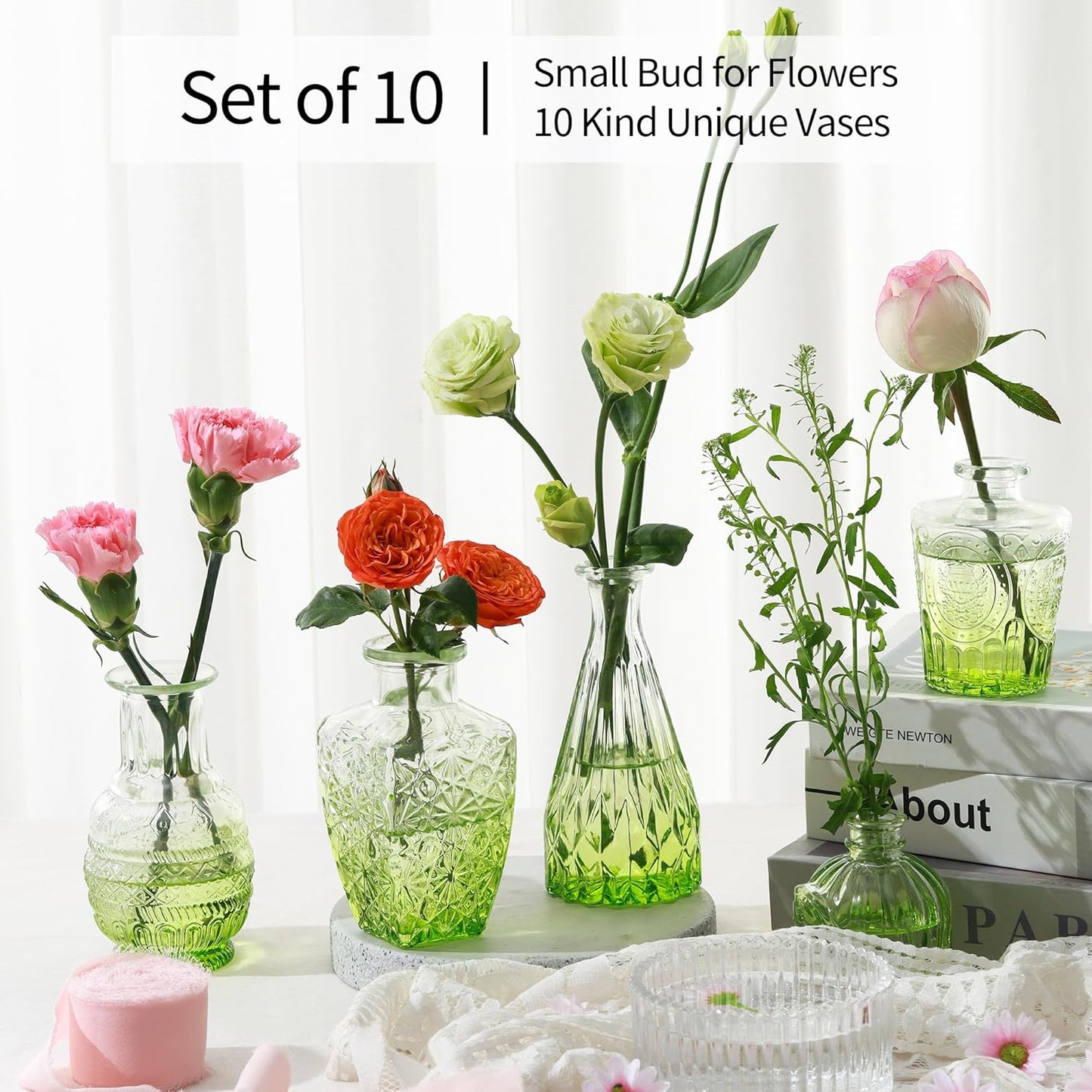 Vintage Small Glass Vases Set of 10,Mini Bud Vases for Flowers,Amber Glass Vases for Centerpieces,Wedding Decorations,Home Table Flower Decor (Olive Green)