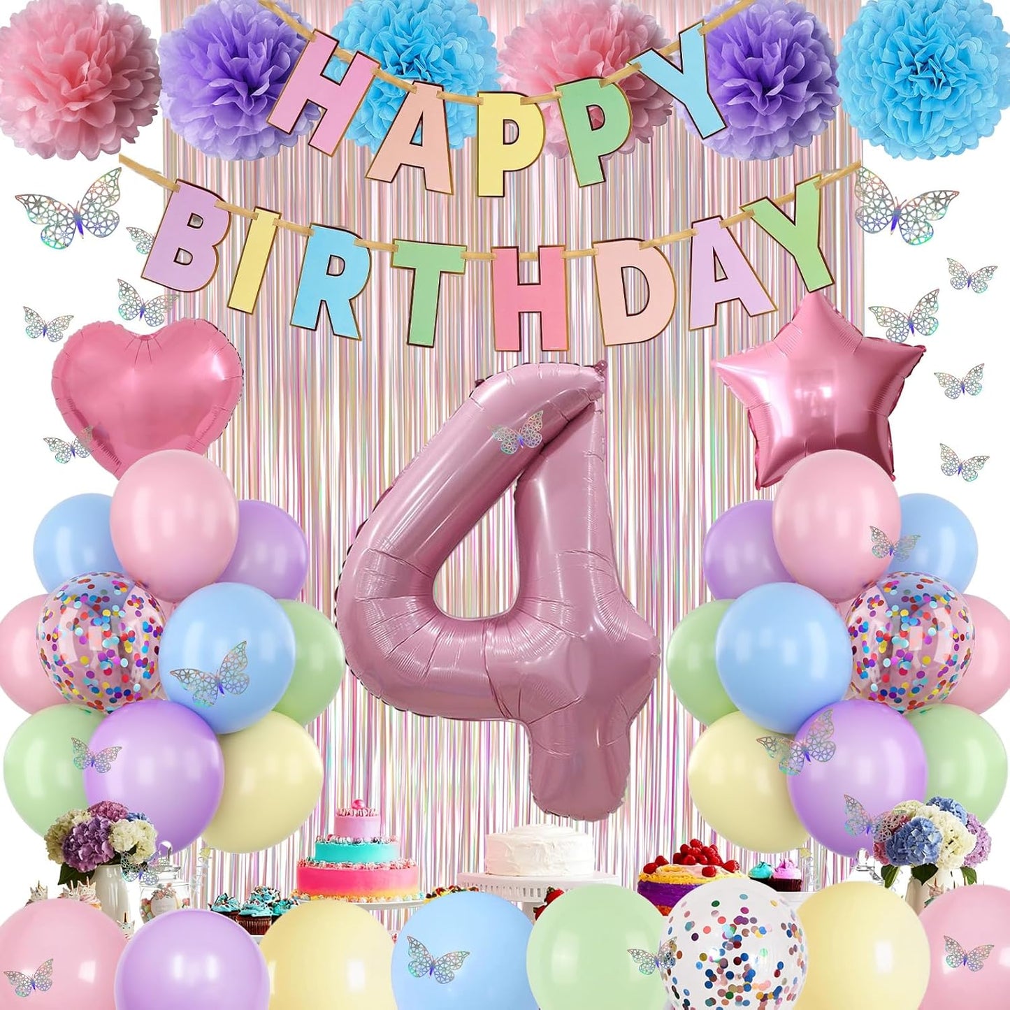 Pastel 4th Birthday Party Decorations for Girls Number 4 Balloon Happy Birthday Banner Butterfly Stickers Fringe Curtain Paper Pom Poms Macaron Pink Star Heart Foil Colorful Balloons 4 Year Old Decor
