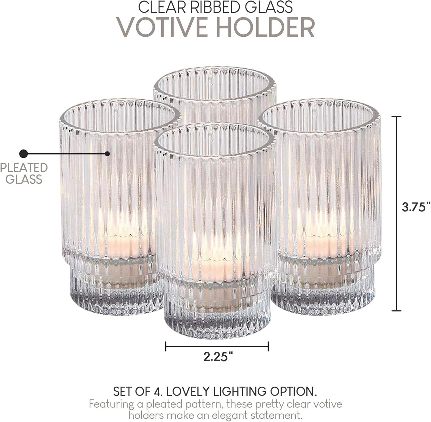 Serene Spaces Living Ribbed Glass Votive Holders – Elegant Pleated Candle Holders for Tea Lights, Votive Candles – Decorative Glass Holders for Home, Weddings, 3.75" Tall and 2.25" Diameter, Set of 4