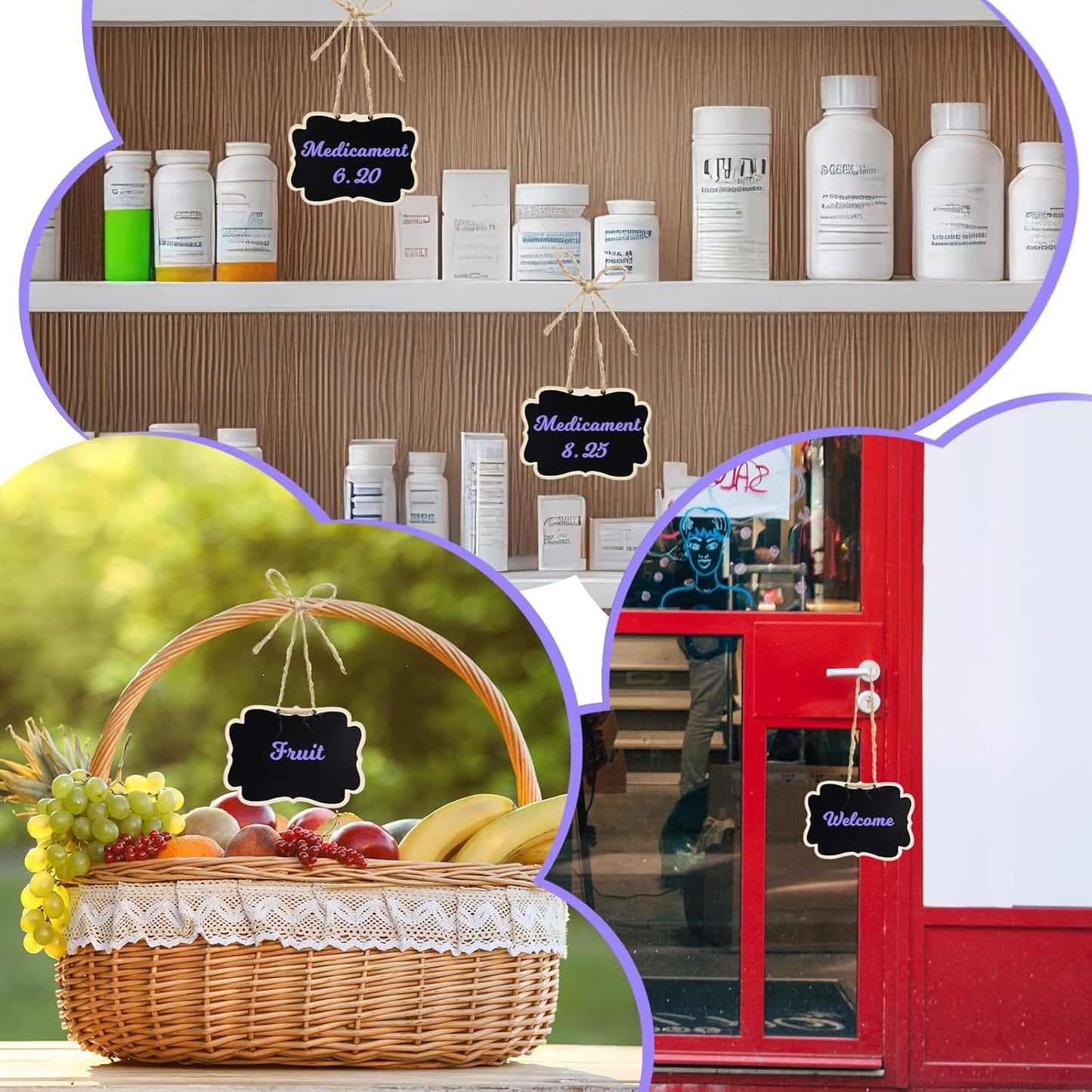 NEBURORA 24 Pcs Mini Erasable Wood Chalkboard Signs with Hanging String Reusable Double-Sided Blackboards for Message Boards Hanging Signs Price Labels Table Numbers Plant Name Tags