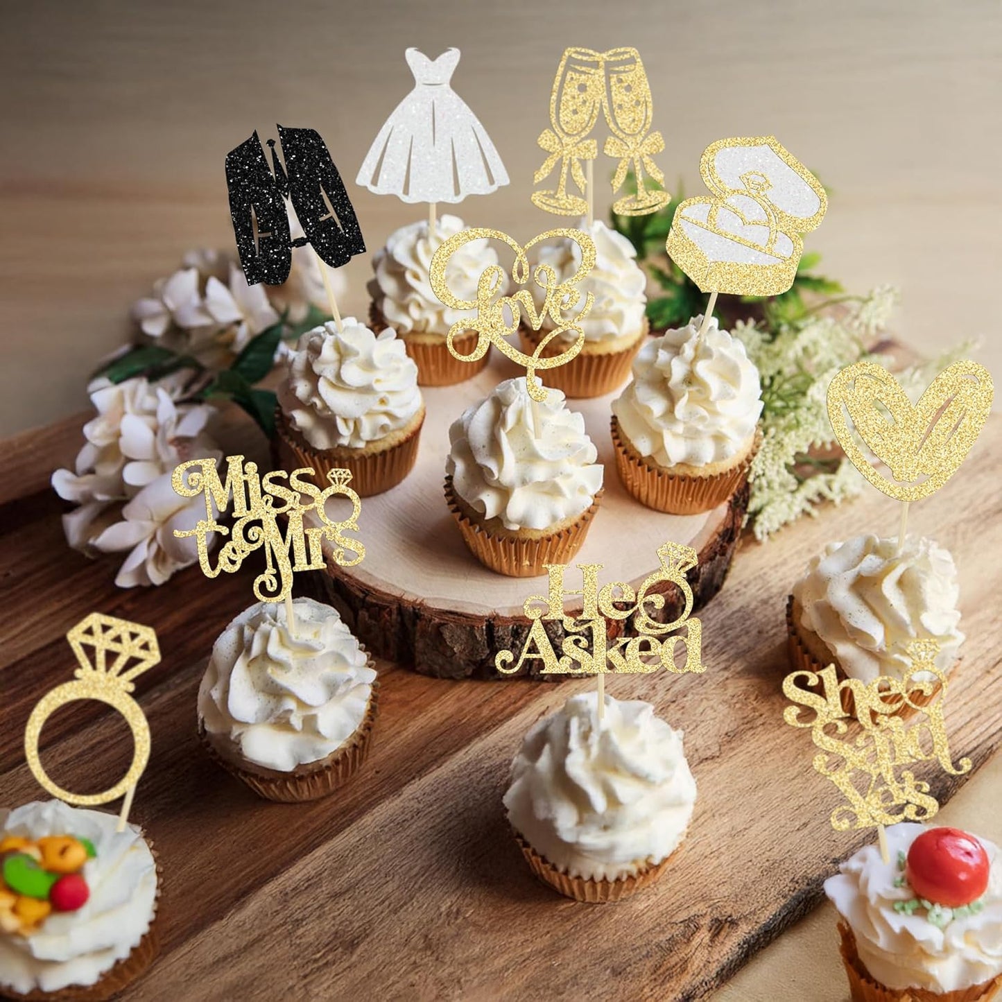 Gyufise 30Pcs She Said Yes Cupcake Toppers Glitter Diamond Ring I Do Love Cupcake Picks Miss to Mrs He Asked Bridal Shower Wedding Engagement Bachelorette Cake Decoration Gold