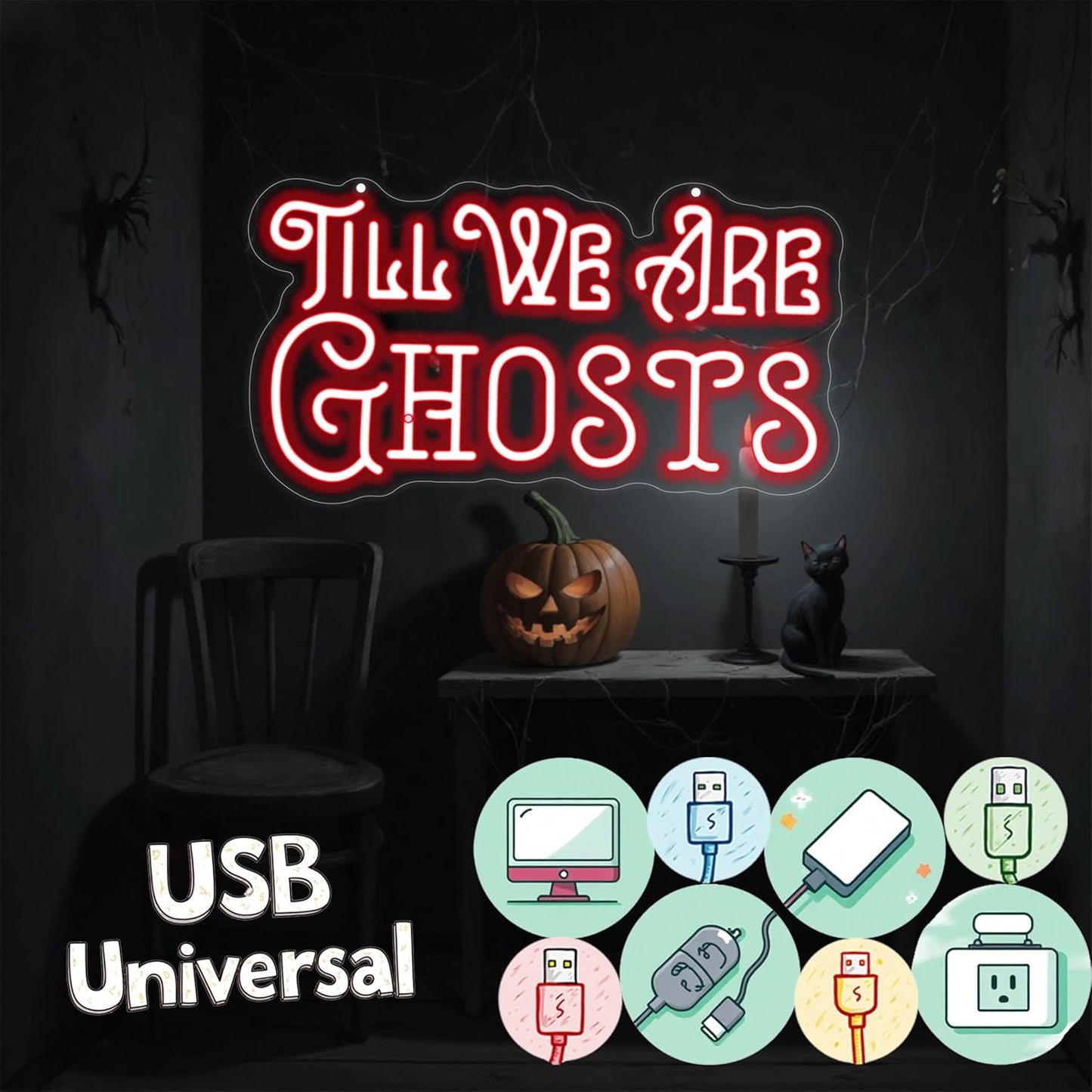 Til We Are Ghosts Neon Sign Halloween Party LED Neon Light Home Decor Gothic Wedding Backdrop Decoration Personalized Gift, Valentines Gift Birthday Party, Anniversary Engagement Gift-Red