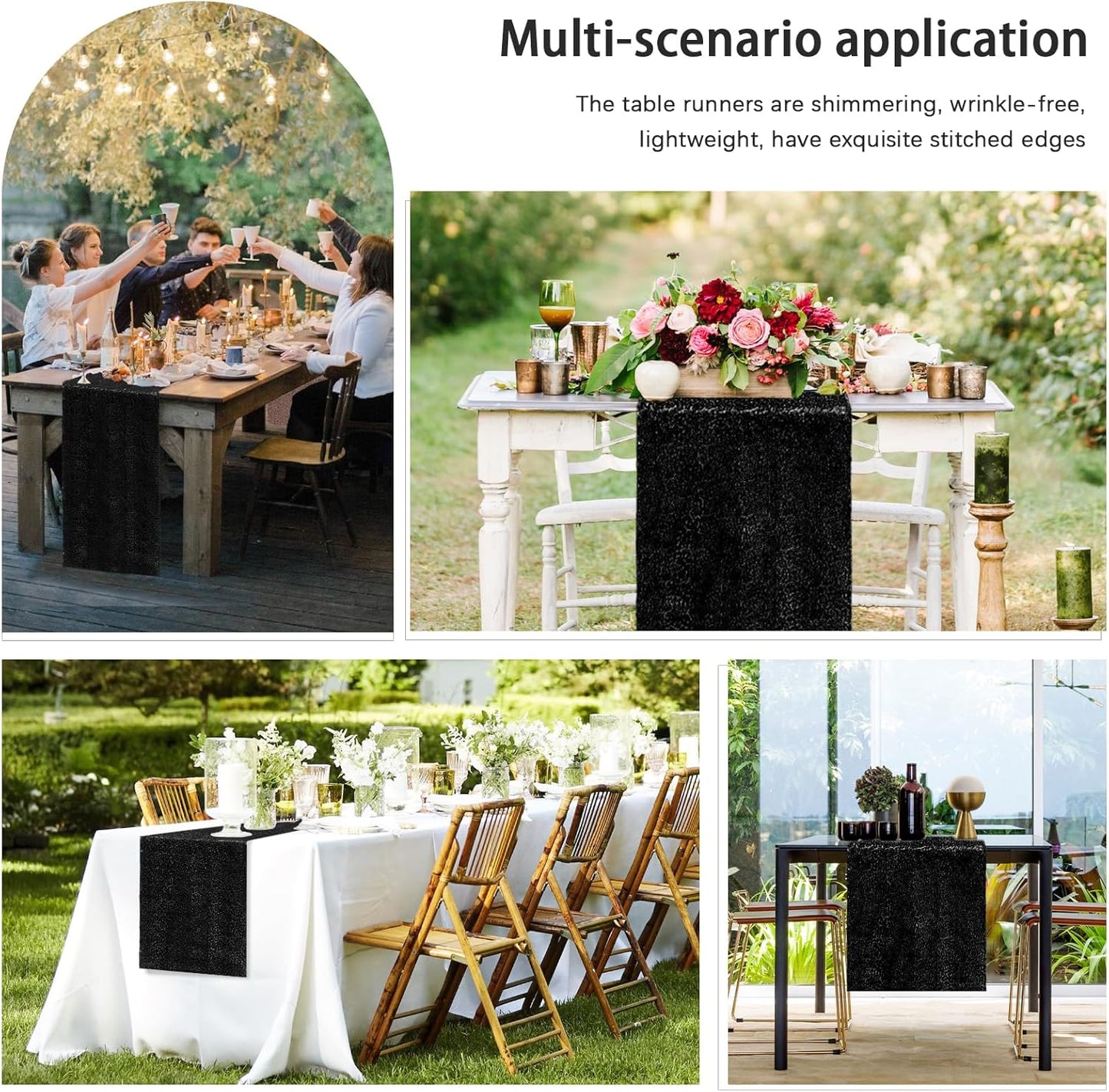 2 Packs 12 x 72 inches Sequin Table Runner, Black Glitter Table Runner for Birthday Party Supplies Wedding Engagement Baby Shower Holiday Celebration Event Decorations