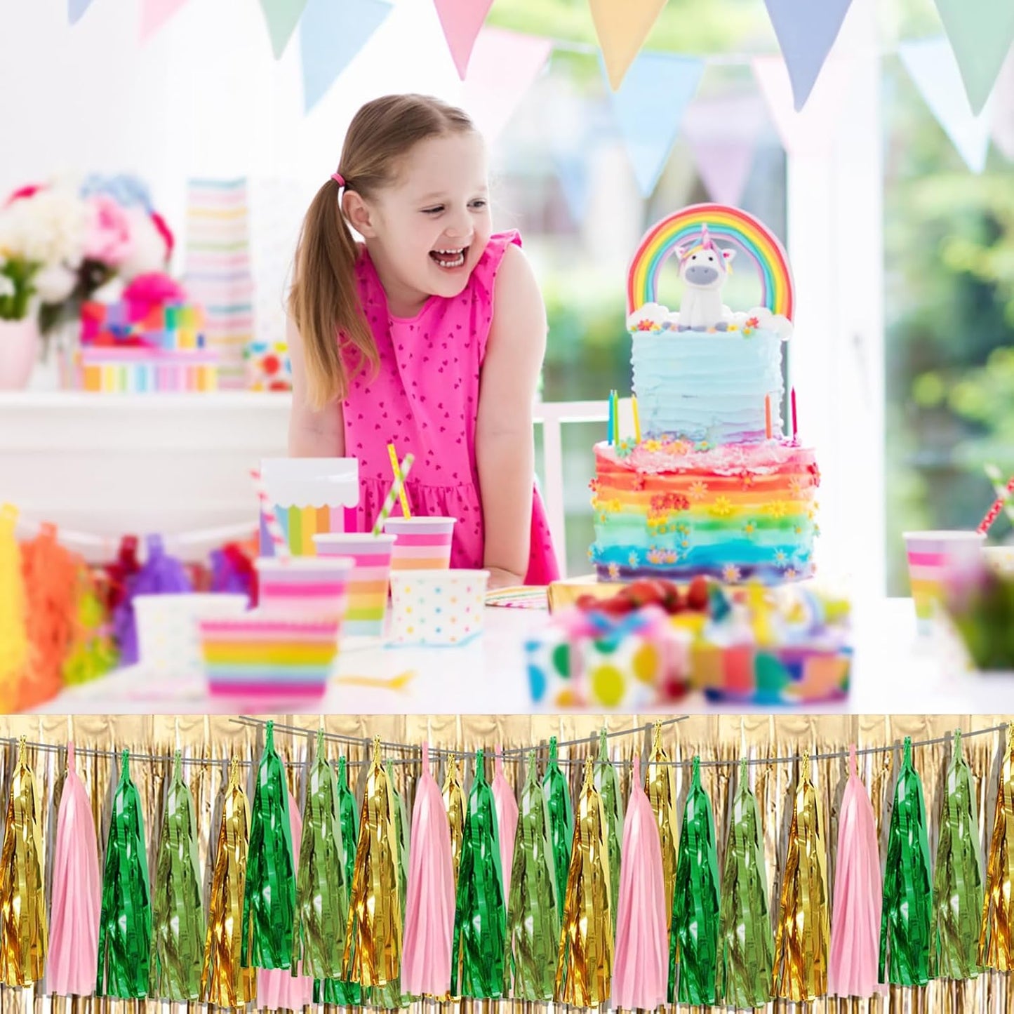 4P Pink-Gold Sage-Green Party-Decorations Foil Fringe Metallic Tassel Streamers Banner Tassel Garland for Parade Floats, Birthday, Bachelorette, Wedding, Halloween, Christmas