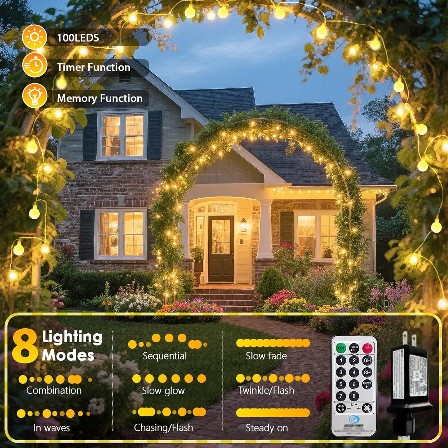 LORRYTE Connectable 43FT 100LED Globe String Lights | 8 Modes Warm White Christmas String Lights Plug in with Remote | Hanging Fairy Light for Indoor Outdoor Bedroom Party Christmas Tree Decor