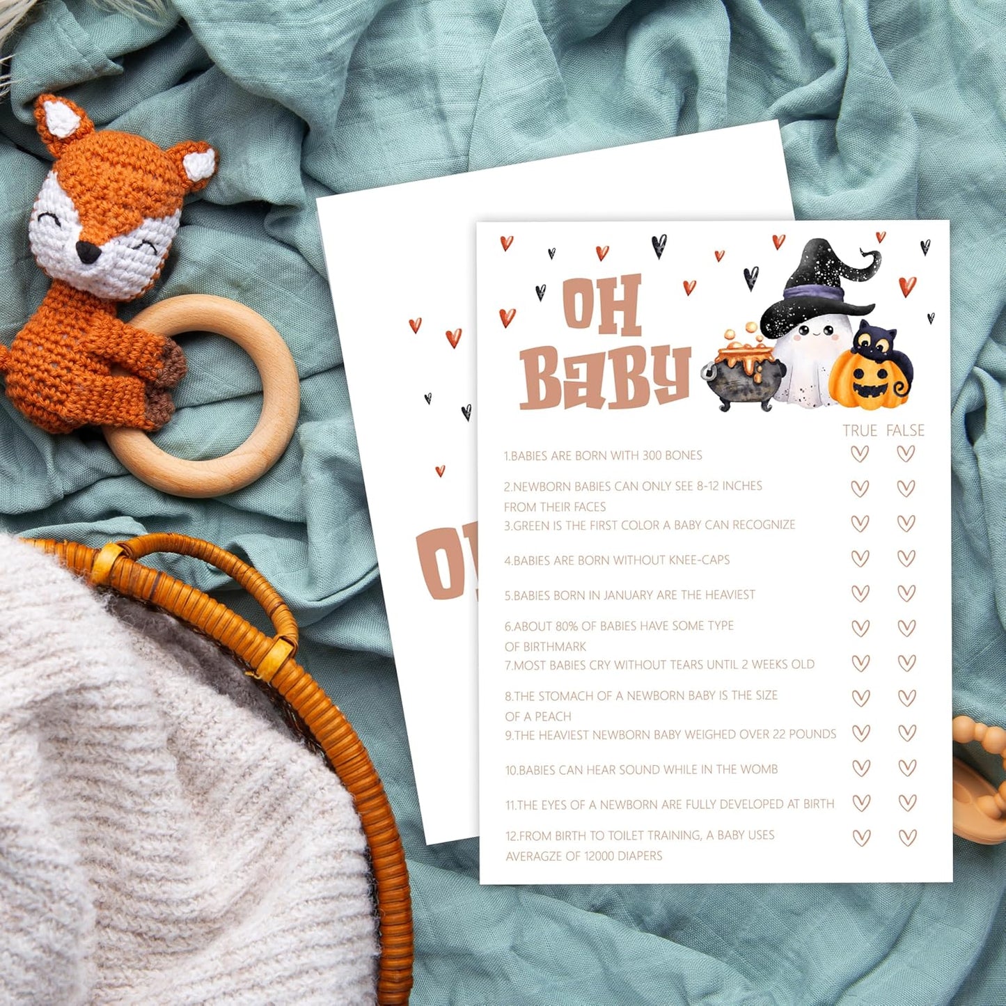 Baby Shower Games, Halloween Oh Baby True or False, 25 Double-Sided Game Cards + 1 Answer Card for Gender Reveal Party Decorations Supplies Announcement - B04