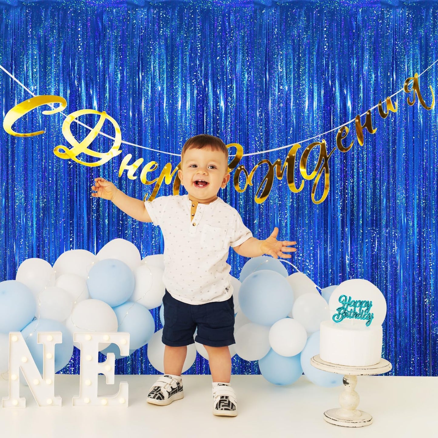 GOER 3.2 ft x 8.2 ft Metallic Tinsel Foil Fringe Curtains Party Photo Backdrop Party Streamers for Birthday,Graduation,New Year Eve Decorations Wedding Decor(5 Packs,Shiny Blue)