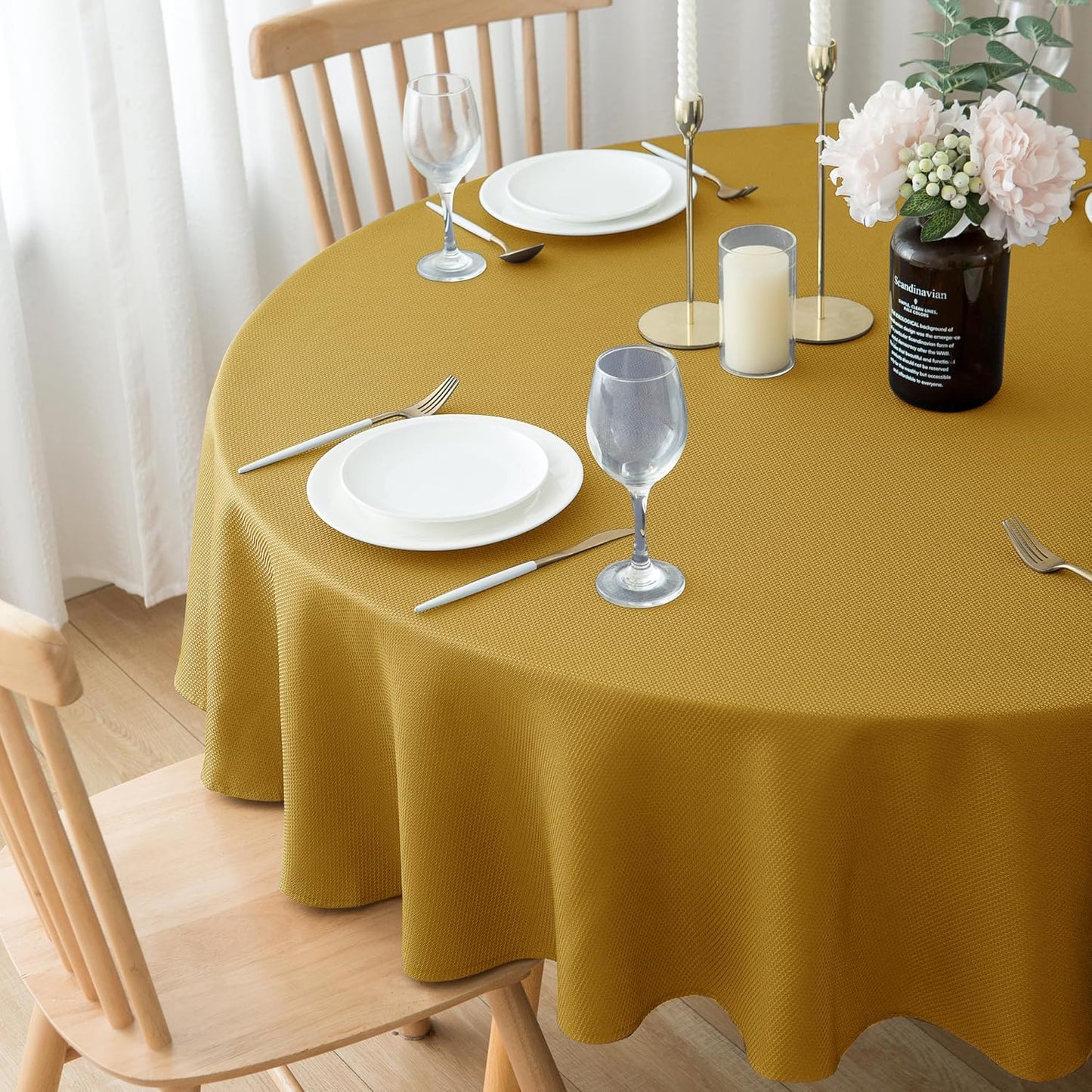 Biscaynebay Textured Fabric Round Christmas Tablecloths 70" for Tables Diameters from 30" to 48", Gold Water Resistant Tablecloths for Dining, Kitchen, Wedding, Parties etc. Machine Washable