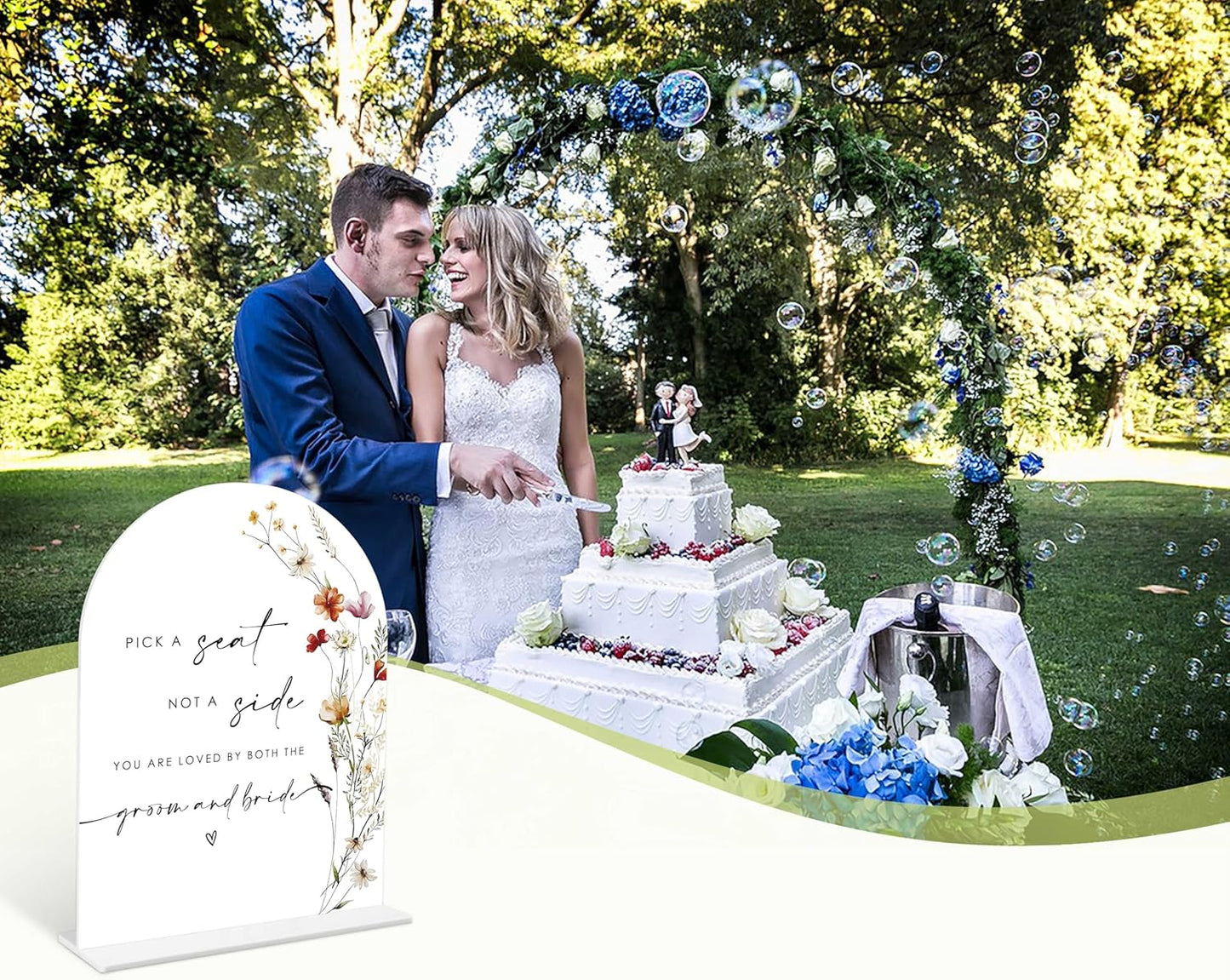 Boho Floral Pick a Seat Not a Side Sign, 6 x 8 Inch White Arch Acrylic Wedding Sign with Holder, Wedding Sign for Ceremony and Reception, Wedding Decoration, Wedding Supplies - BX18