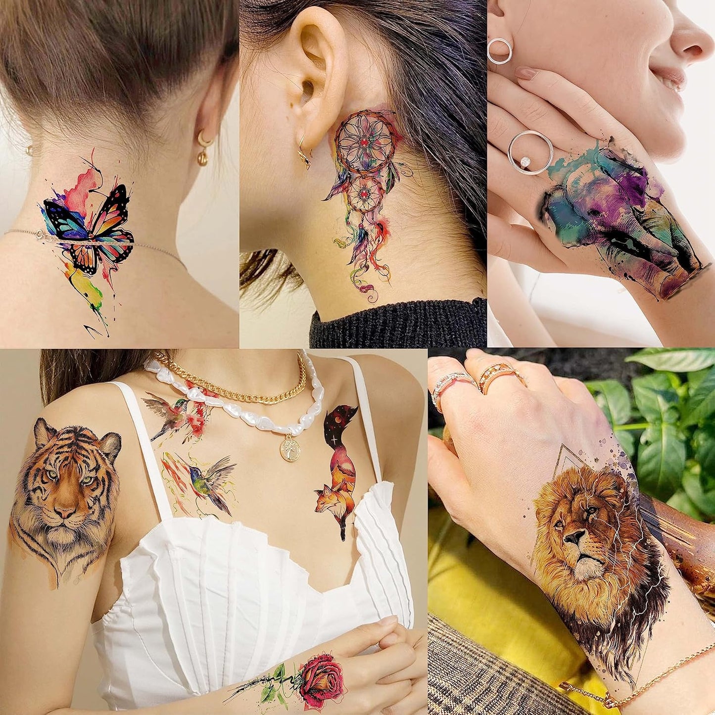 63 Sheets 3D Watercolor Rose Temporary Tattoos For Women Arm Girls Adults, Water Color Peony Flower Tattoo Sticker, Bulk Temp Fake Long Lasting Tattoo Colorful Floral Moon Snake Lion Wolf Tiger