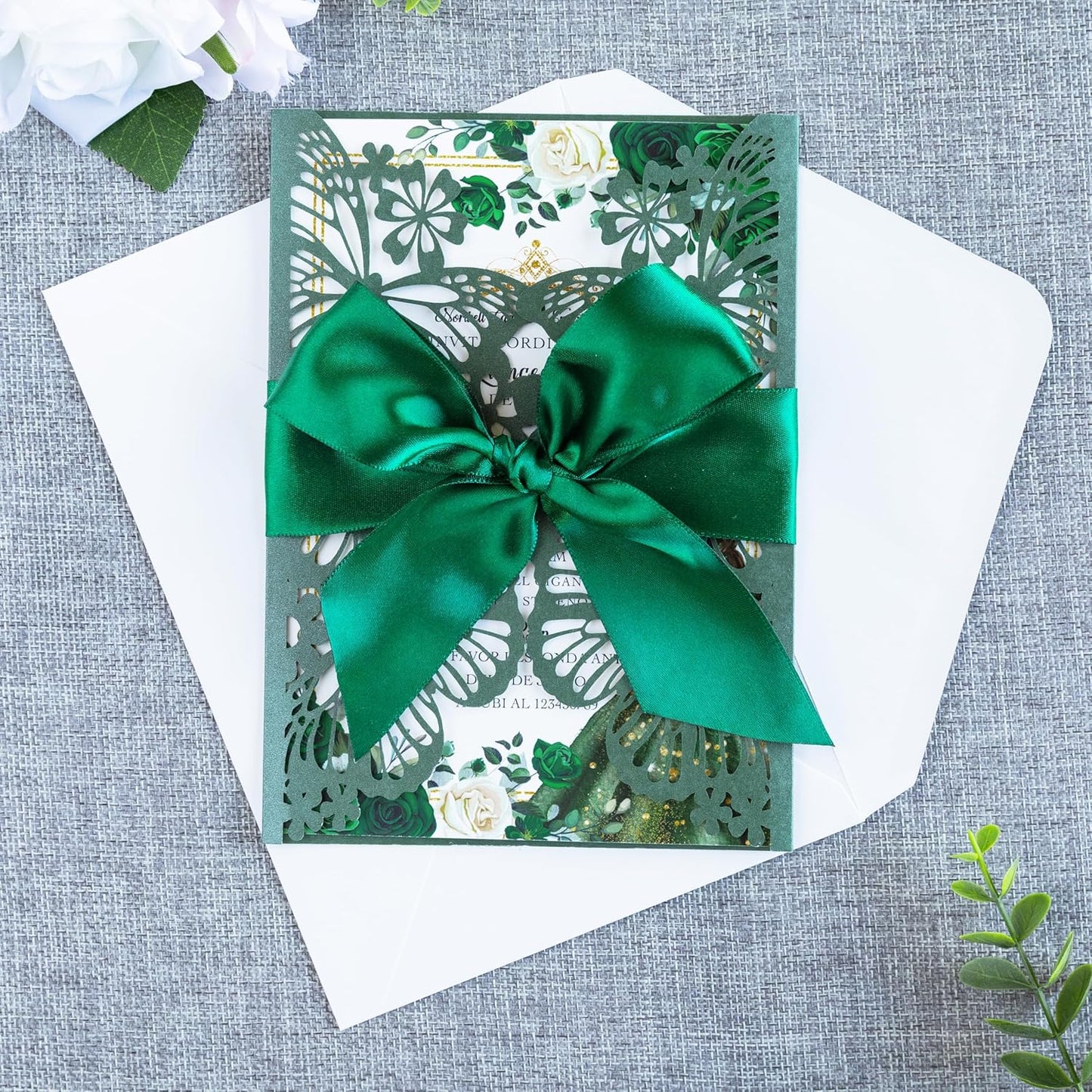 20 PCS 5.12x7.2 Butterfly Personalized Quinceanera Invitation, Customized XV Anos Laser Cut Invitation Cards with Envelopes (Emerald Green Personalized)