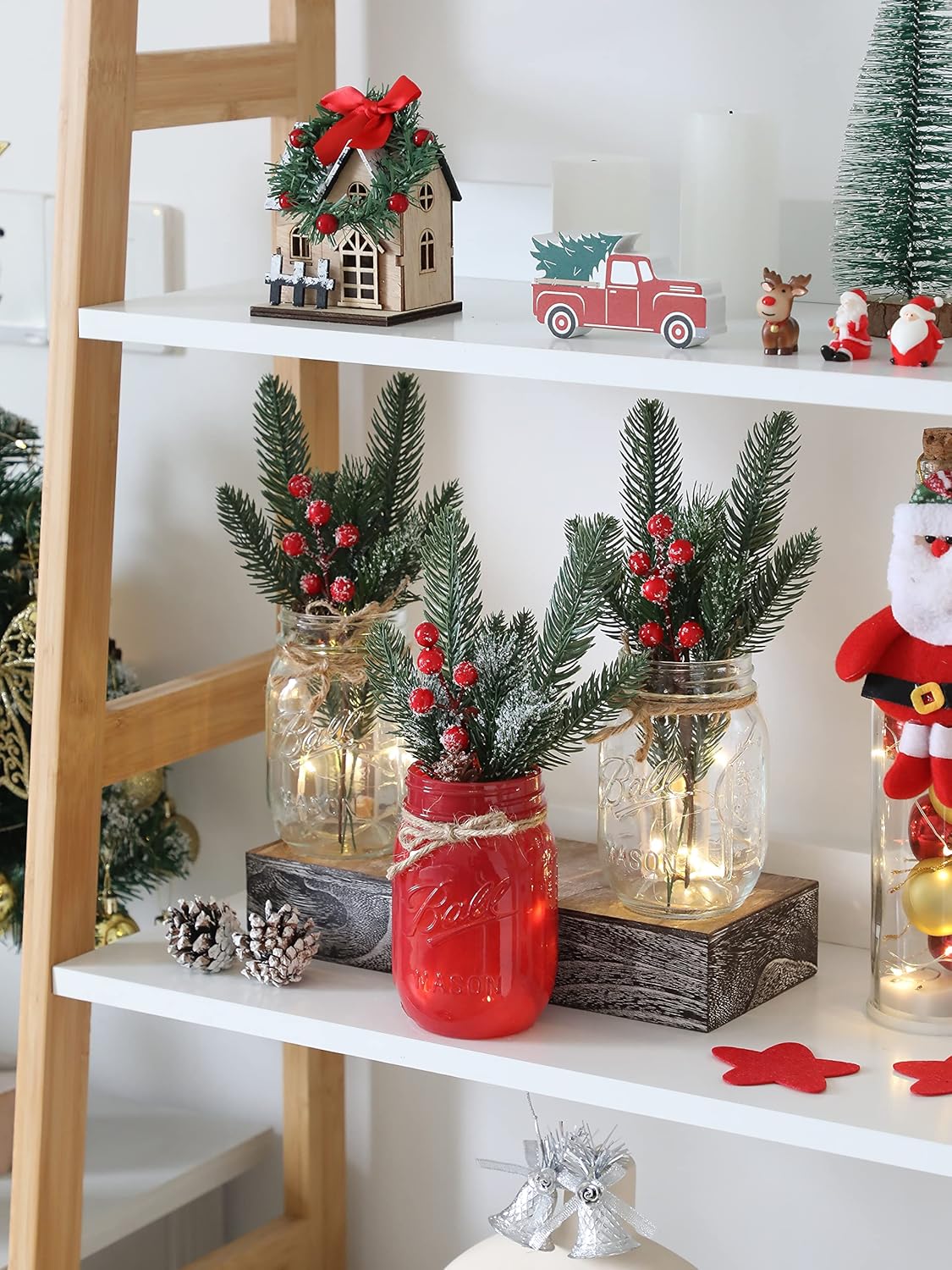 Christmas Mason Jars, Christmas Centerpiece Table Settings, Wood Tray with 3 Painted Jars, Dining Coffee Table Centerpiece, For Kitchen, Living Room, Red Mason Jar Decor with Flowers