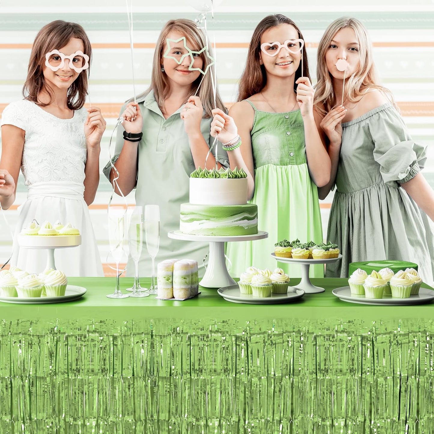 1 Pack Light Green Table Skirts, 29x108" Metallic Foil Tinsel Fringe Table Skirts for Rectangle Tables Streamer Curtains Backdrop, Party Decorations for Birthdays Weddings Holidays