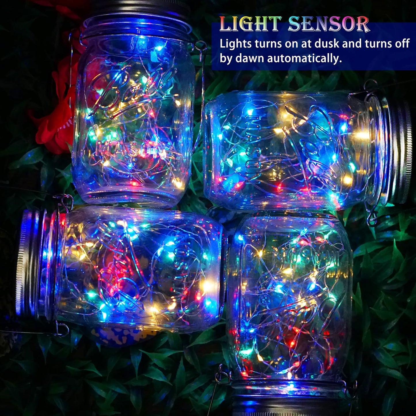 SunKite Solar Mason Jar Lights, 12 Pack 30 LED Waterproof Fairy Firefly Jar Lids String Lights with Hangers(NO Jars), Patio Yard Garden Wedding Decoration - Multicolored2