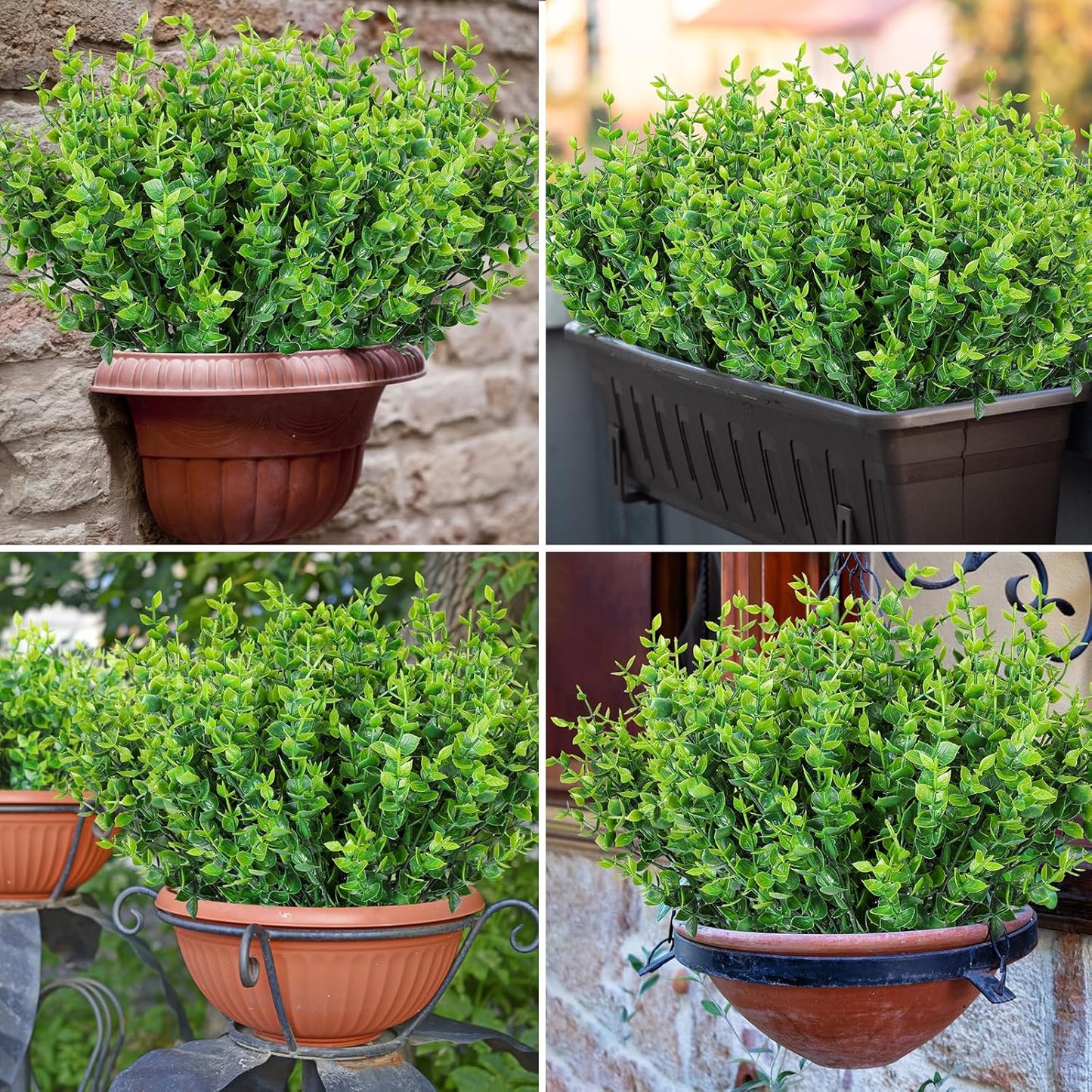 AmyHomie 20 Bundles Green Artificial Plants for Outdoor Spring Summer Decor UV Resistant Faux Wheat Grass Greenery Shrubs Eucalyptus Fake Plastic Plants Garden Porch Window Box Decorating