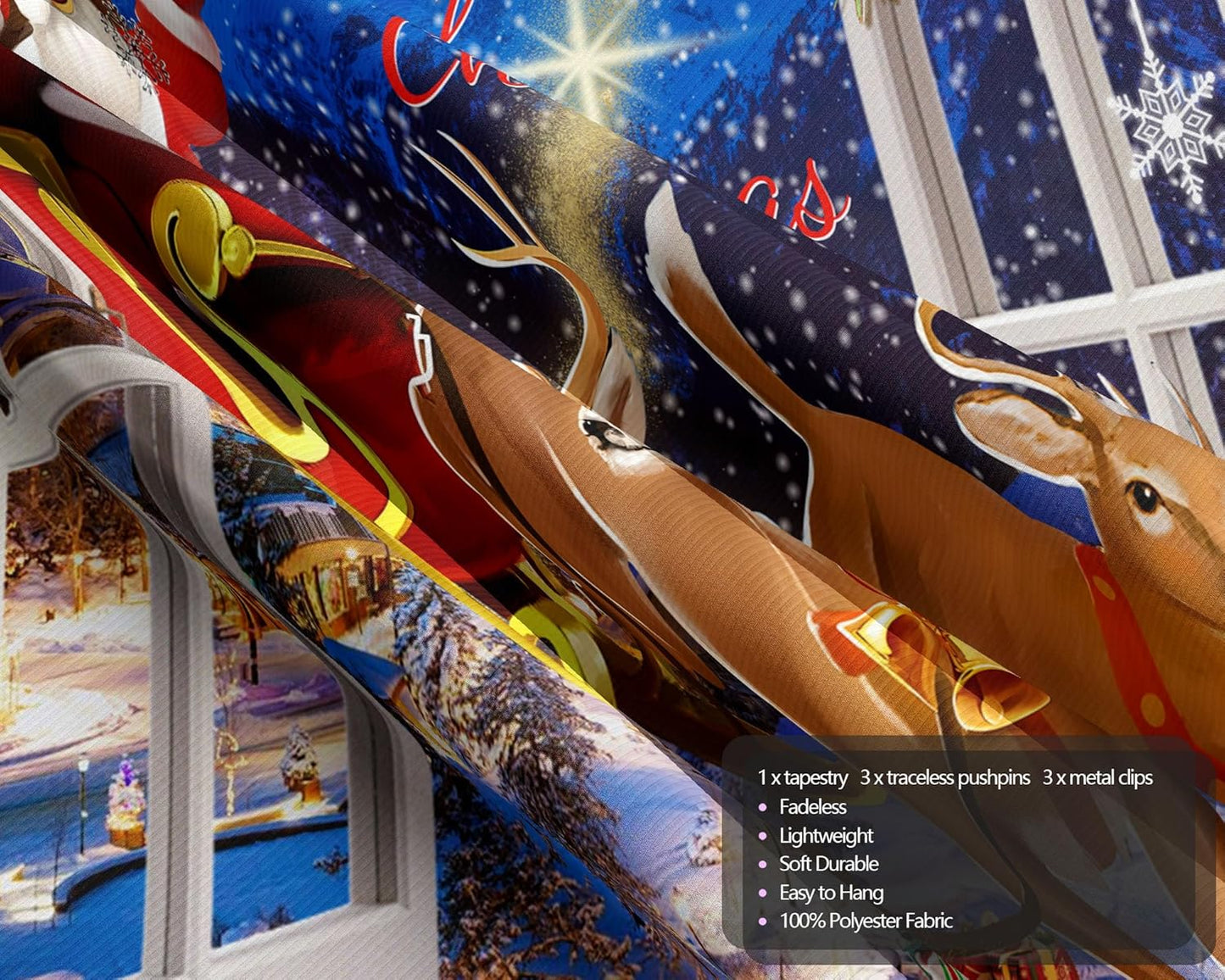 QGHOT Christmas Window Tapestry Wall Hanging Christmas Backdrop Xmas Winter Window Wall Decor Santa Claus Tapestries for Bedroom Living Room Dorm Holiday Party Decoration, Large