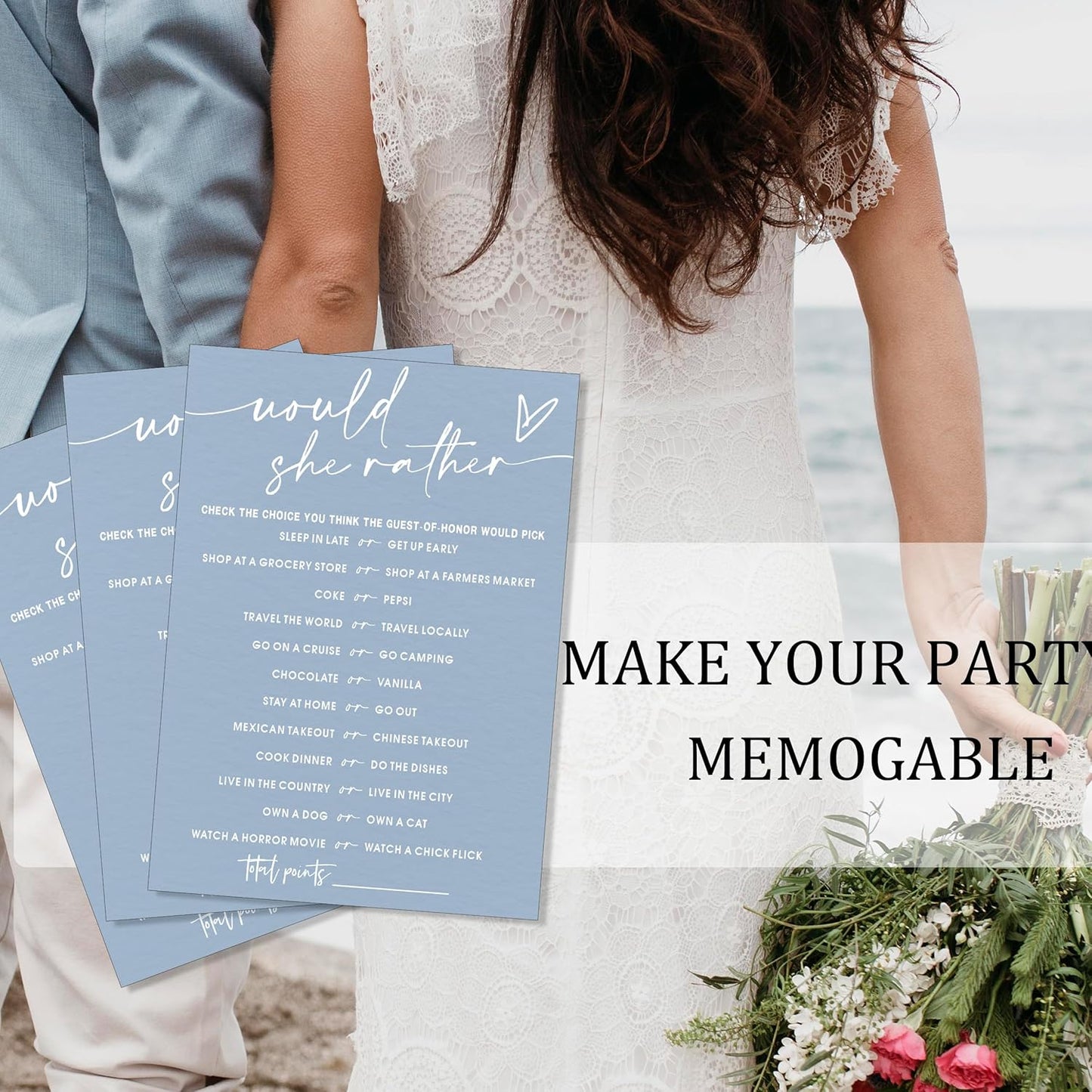 Fun Blue Bridal Shower Games Cards, Would She Rather Bridal Shower Game for 25 Guests Entertainment, Engagement Party Wedding Games for Guests, Minimalist Wedding Party Supplies - B11