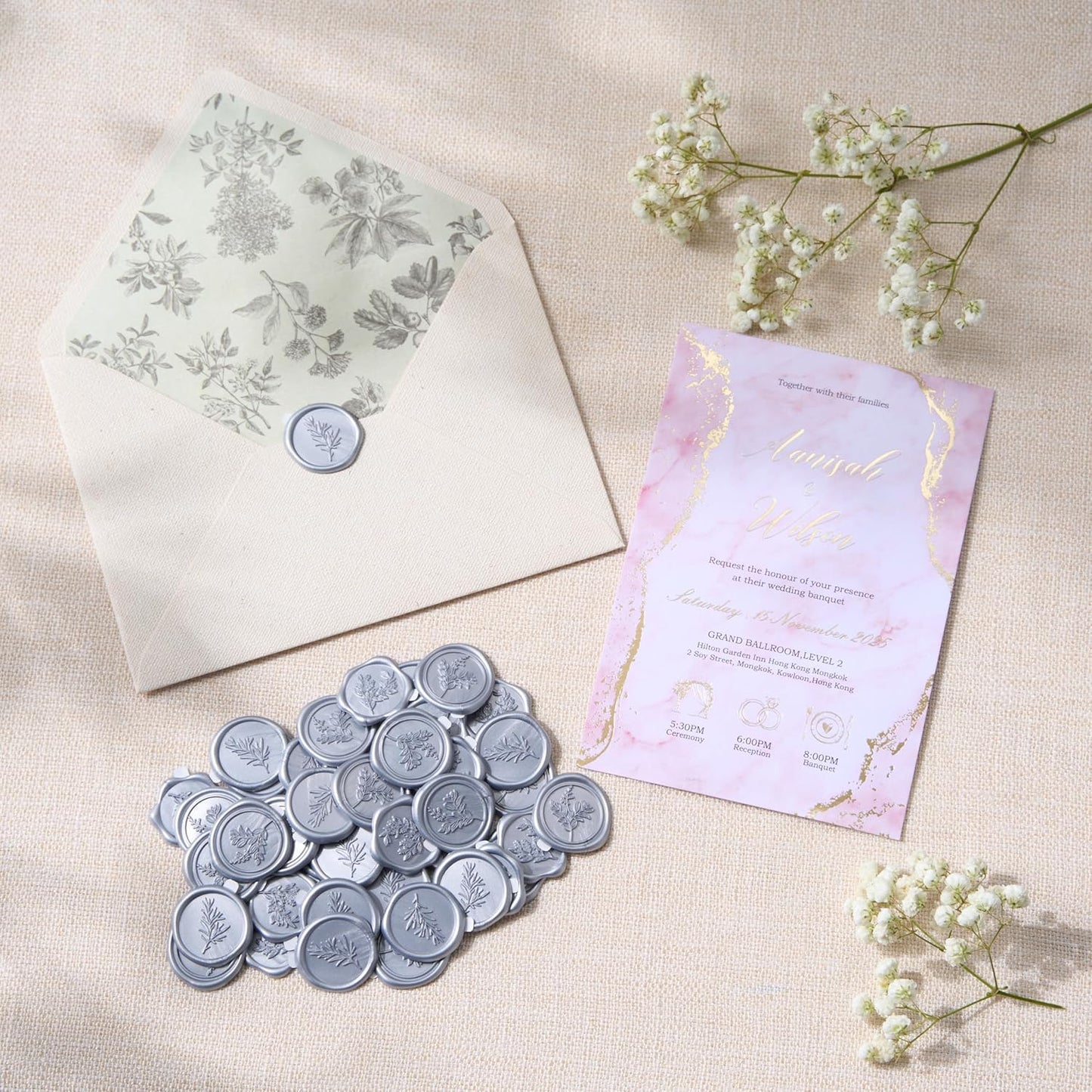 Wax Seal Stickers (60 Pcs, 3 Designs in 1 Pack) Premium Envelope Seal Stickers for Wedding Invitation Envelopes, Adhesive Wax Seals, Perfect for Seating Chart, Gift Wrapping