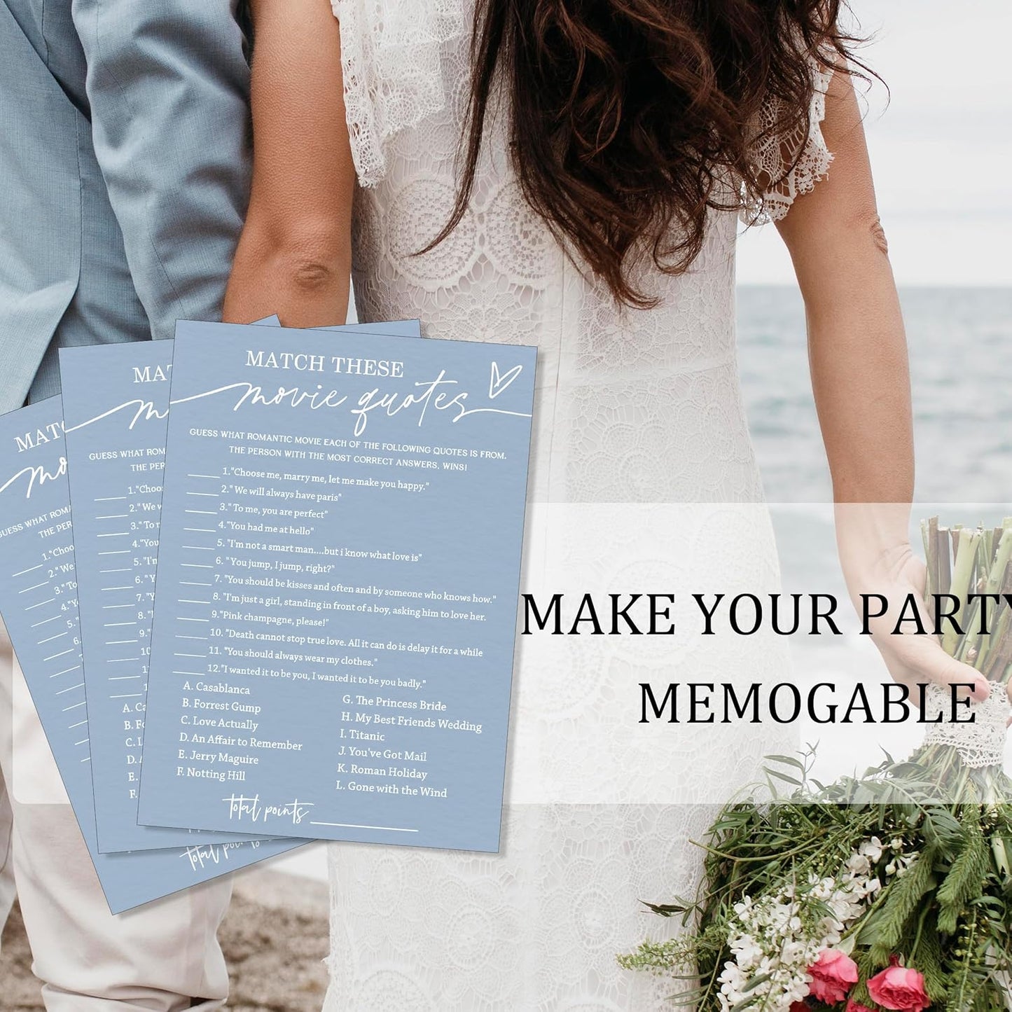 Fun Bridal Shower Games Match These Movie Quotes for Engagement Party Wedding Games 25 Game Cards with 1 Answer Card for 25 Guests Minimalist Blue Wedding Party Entertainment Supplies - B02