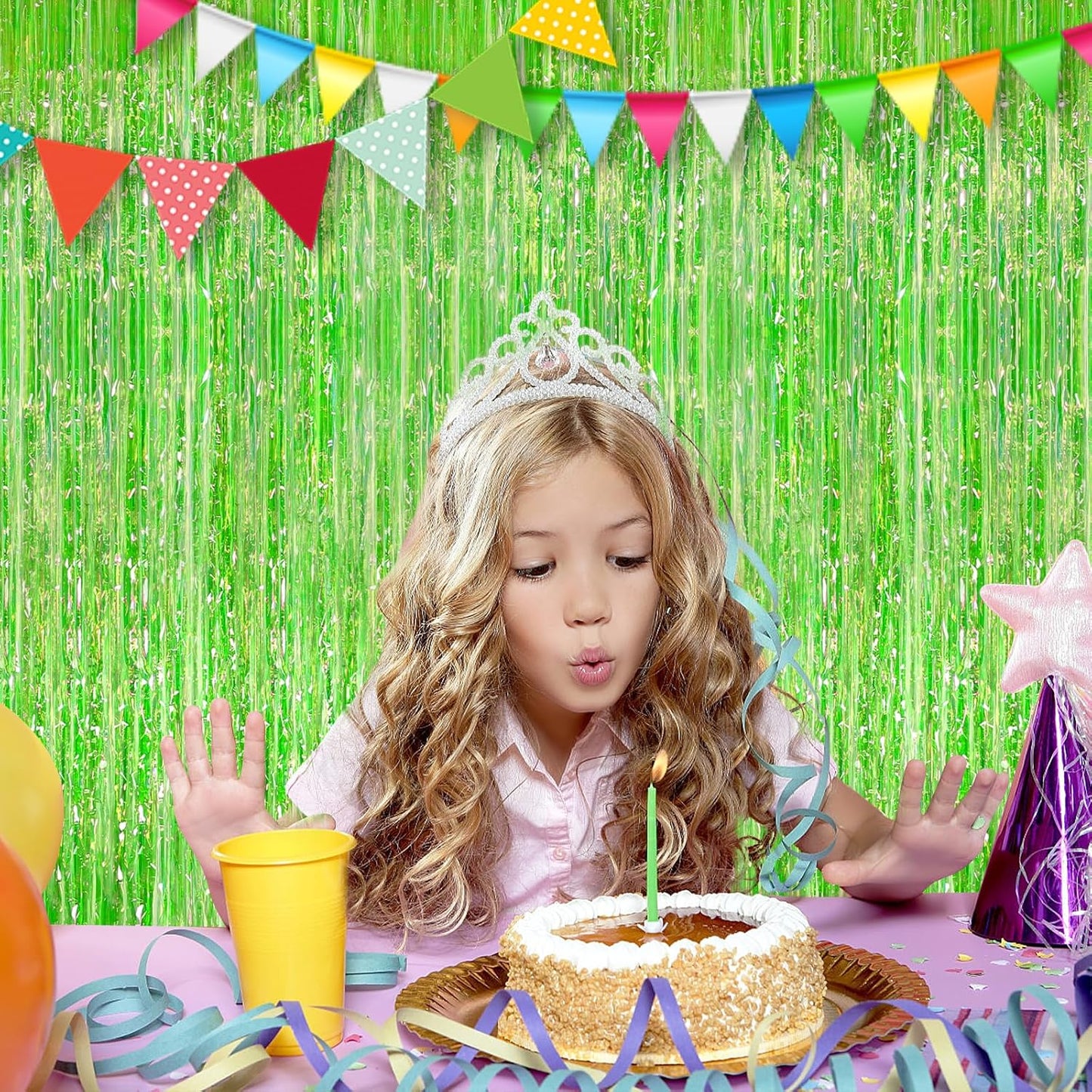 2Pack 3.3 x 8.3Ft Neon Green Foil Fringe Backdrop Curtains, Green Tinsel Streamers Birthday Party Decorations Fringe Backdrop for Graduation Baby Shower, Gender Reveal Disco Party Wedding Decorations