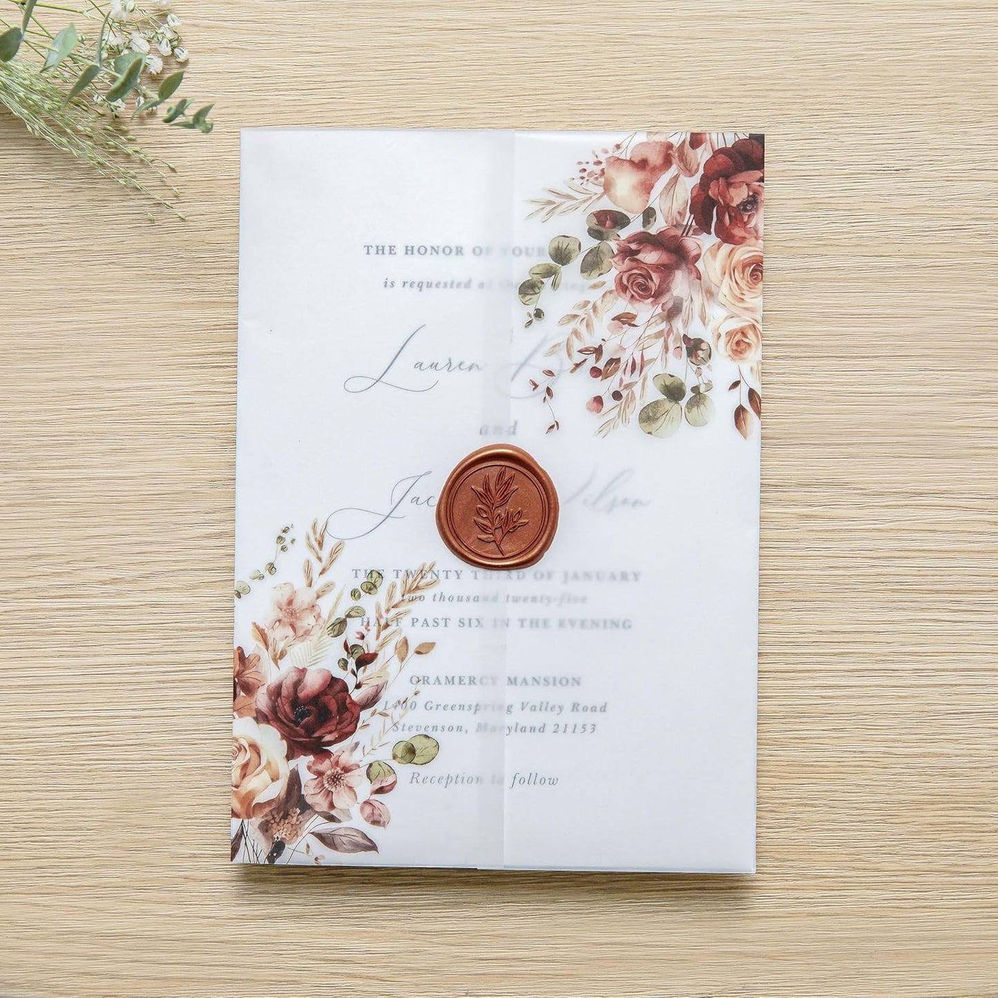 PONATIA 50PCS Vellum Jackets for 5x7 Invitation Cards- 135GSM Burnt Orange Floral Printed Vellum Sleeves, Quinceanera Wedding Invitation Cards Wraps, Transparent Christmas Gift Cards Jackets
