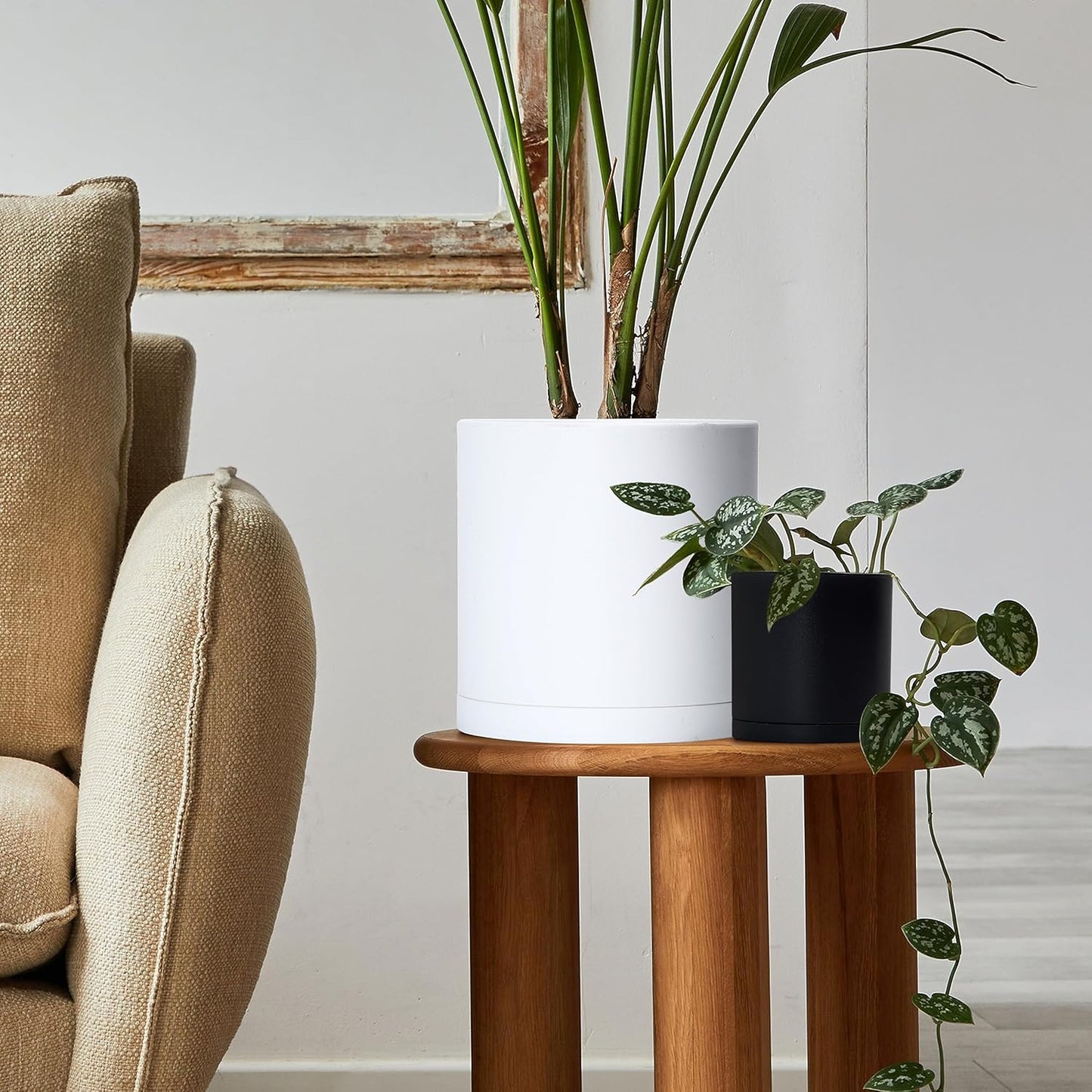 D'vine Dev 4 Pack 5 Inch Modern Plastic Plant Pots, Small Garden Planters for Plant with Drainage Holes and Saucers, Black Color, 74-Y-G-2