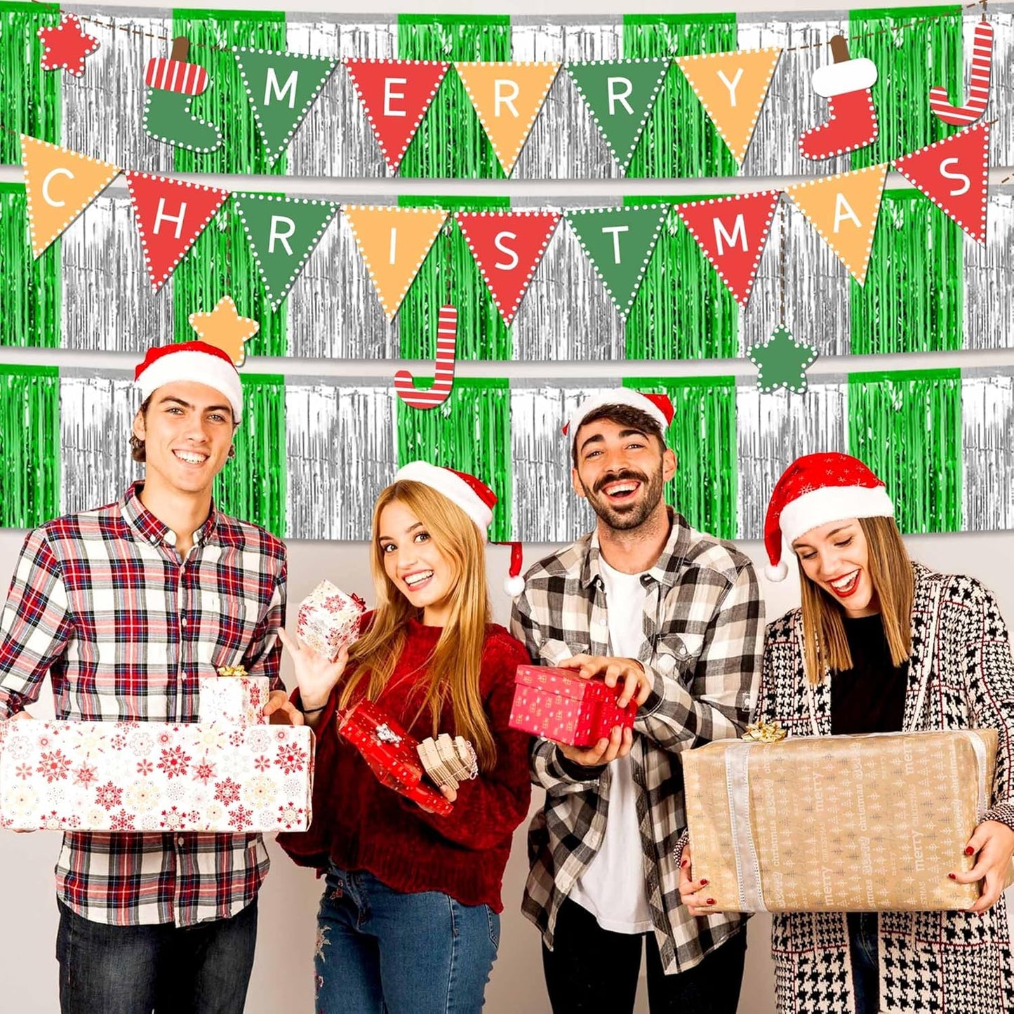 4 Pack 10 Ft Silver Green Foil Fringe Garland Metallic Streamers Tinsel Banner Wall Hanging Garland Backdrop for Parade Floats, Halloween, Christmas, Thanksgiving, New Year Party Decorations