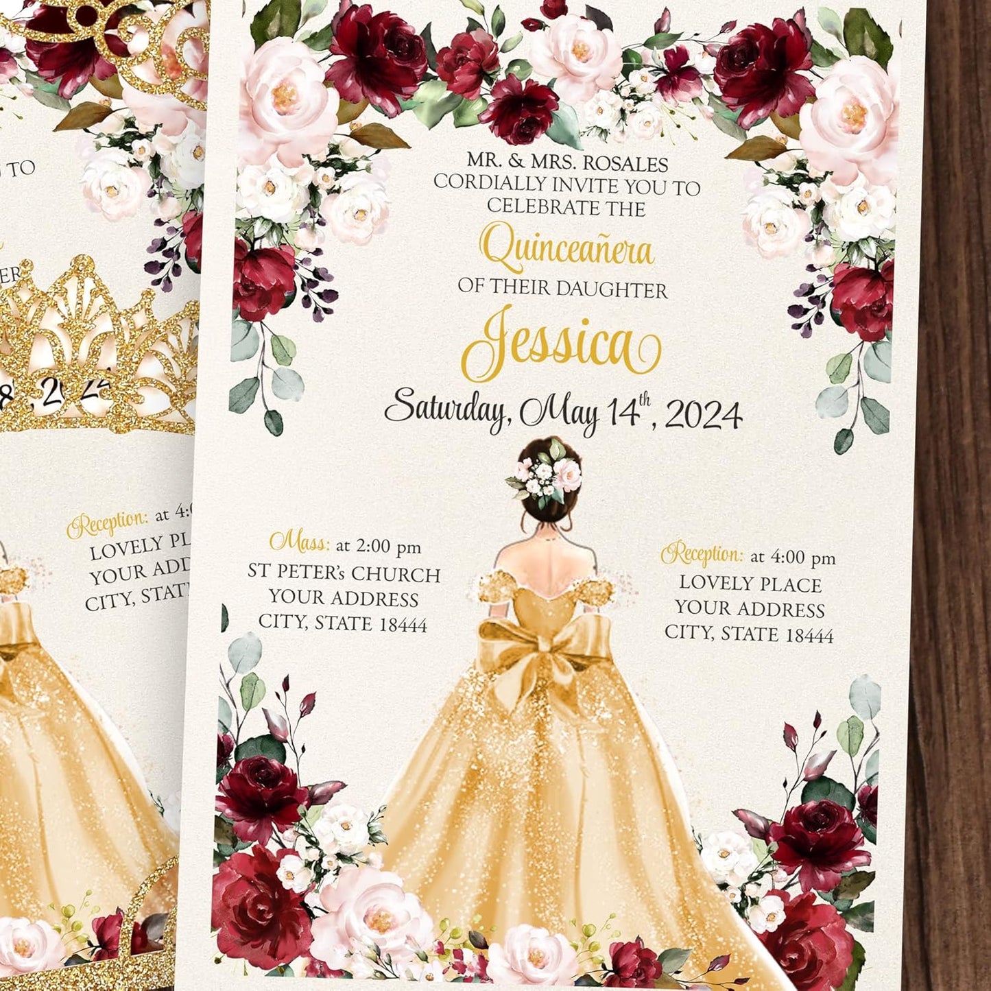 50Pcs Gold Crown Quinceanera Invitation for 15 year, Sweet 16, Miss XV, Birthday Laser Cut Quince Invitation Cards Personalized Glitter Gold