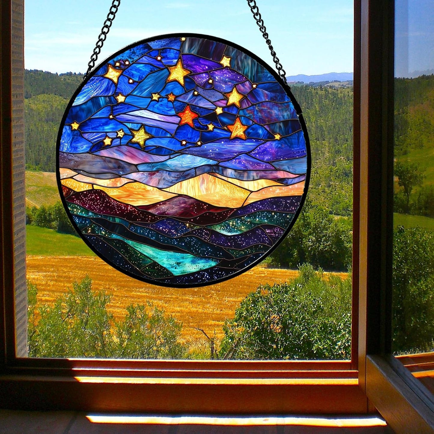 Stained Glass Window Hanging, Blue Sky Gold Stars Abstract Landscape Suncatcher for Doors Window Home Sun Catchers Decor Mother's Day Birthday Gifts for Women, Men Mom 6.3 in