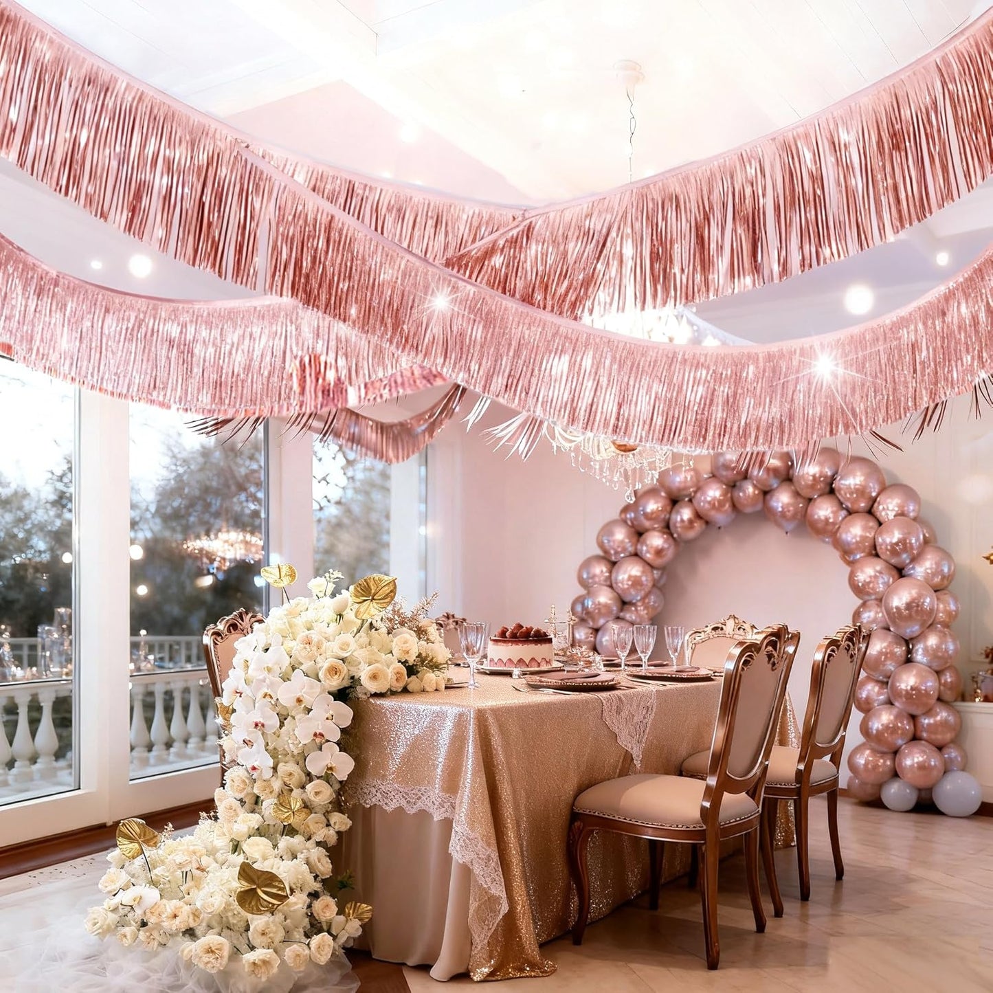 CC Wonderland Rose Gold Fringe Banner - 5 Ft.Pack of 2 for Wedding Hanging Bachelorette Party Decorations, Birthday Party Decor, Baby Shower Supplies, Photo Booth Banner Backdrop